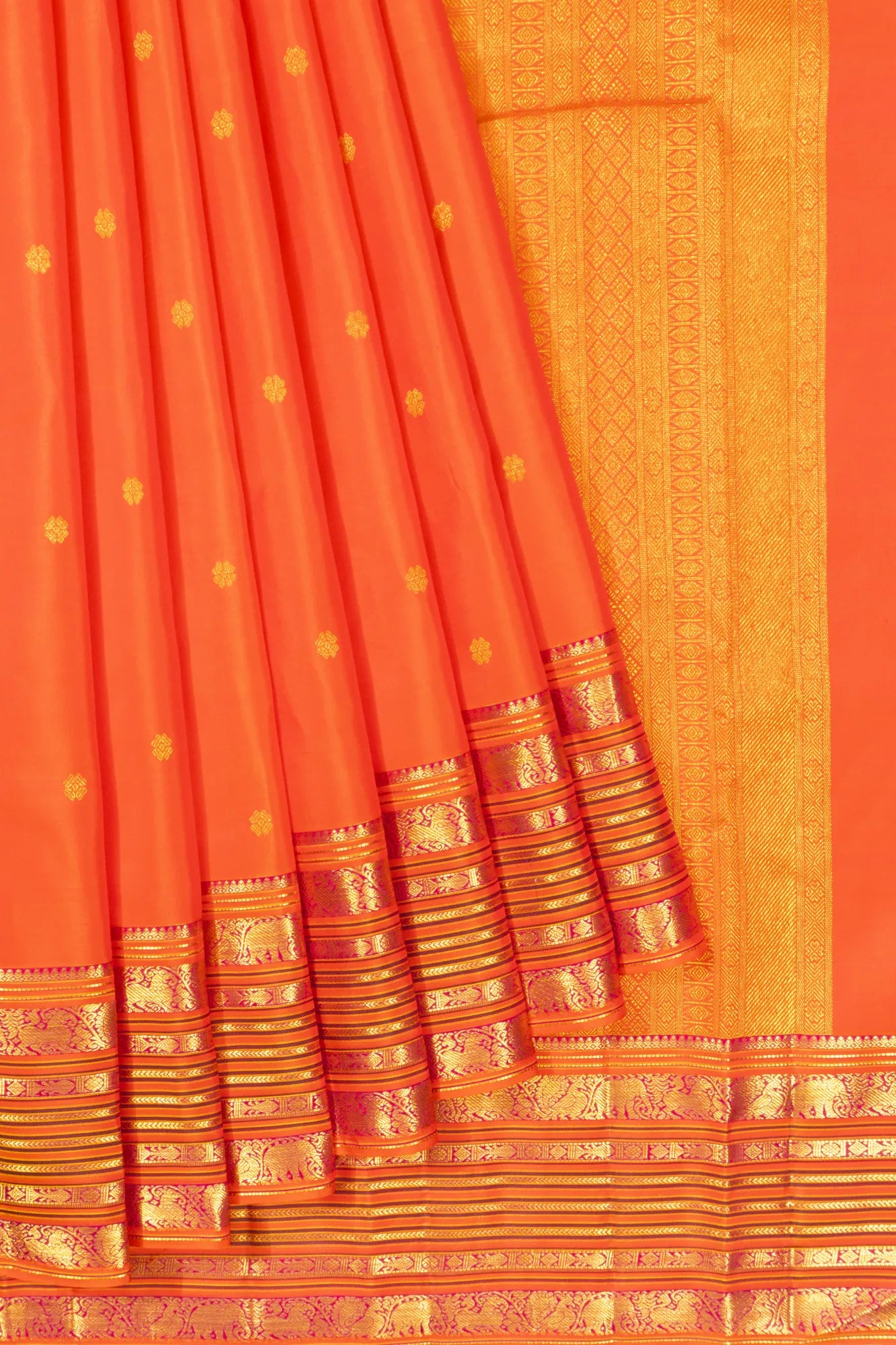 Classic Kanchipuram Silk Butta Orange Saree With Rakhi