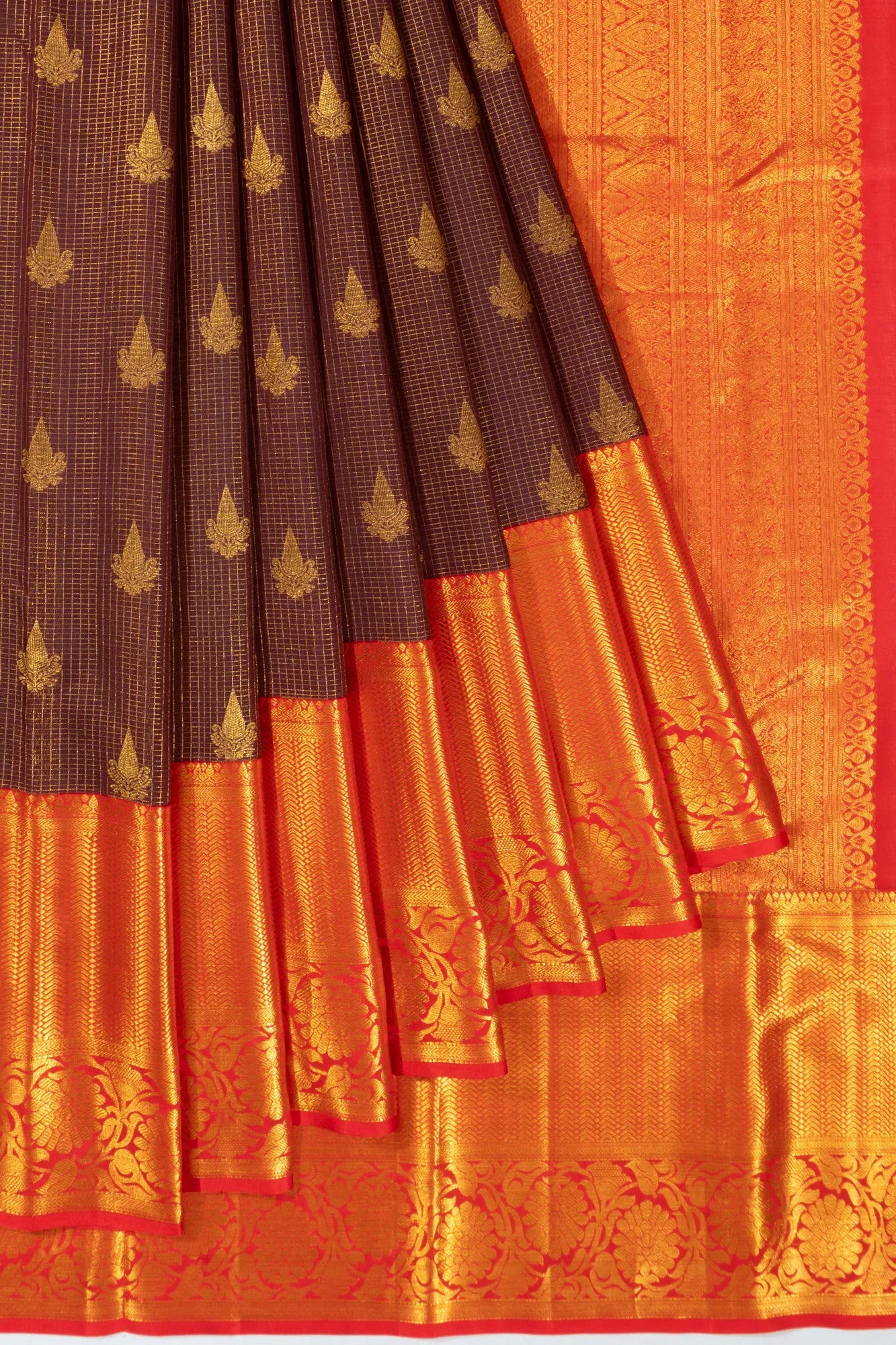 Kanchipuram Silk Checks And Butta Brown Saree