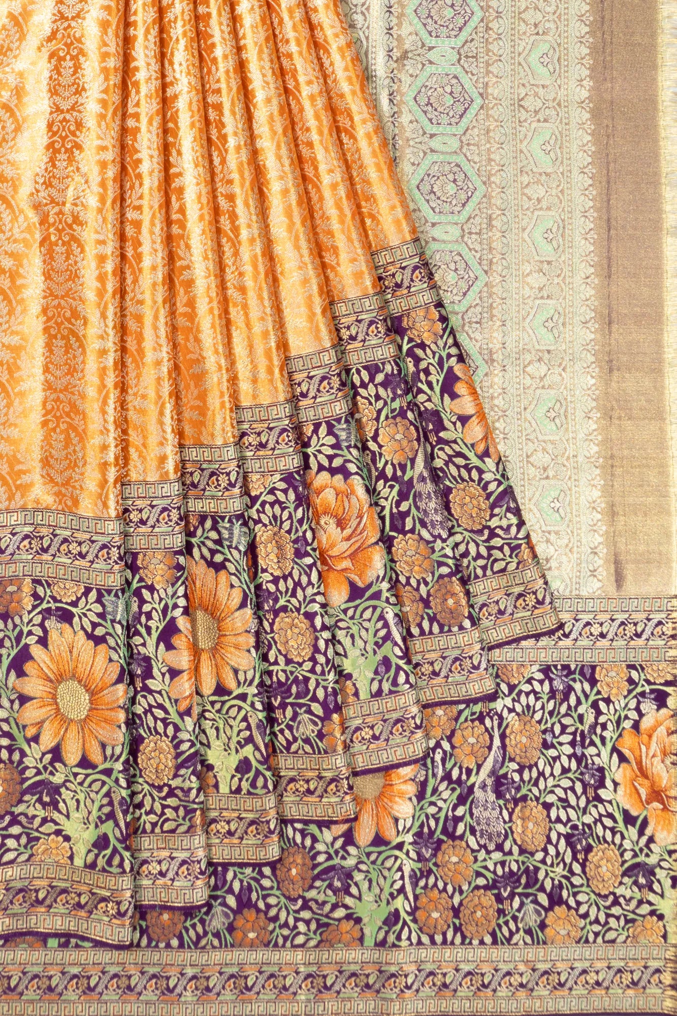 Kanchipuram Silk Tissue Brocade Orange Saree