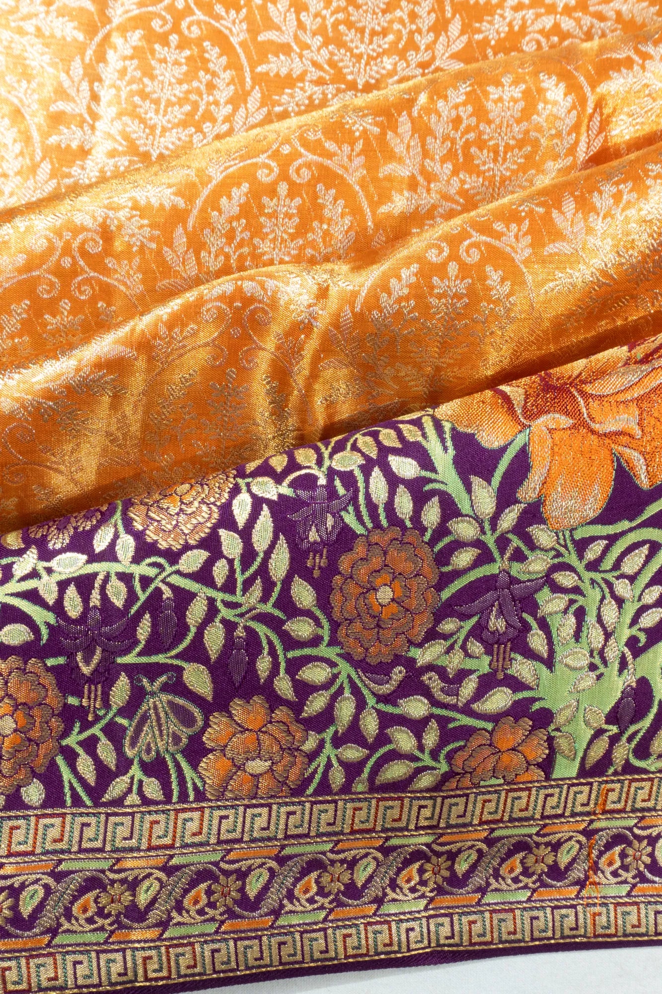 Kanchipuram Silk Tissue Brocade Orange Saree