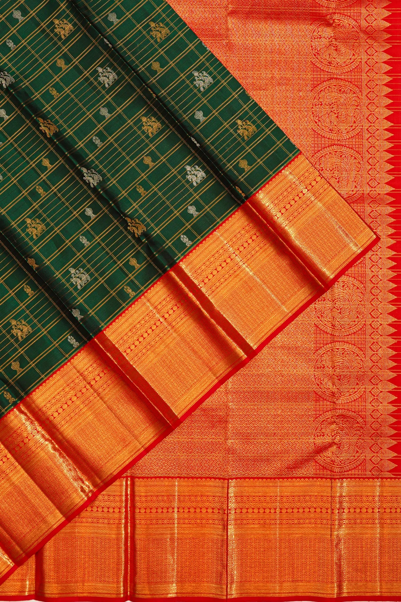 Kanchipuram Silk Checks And Butta Bottle Green Saree