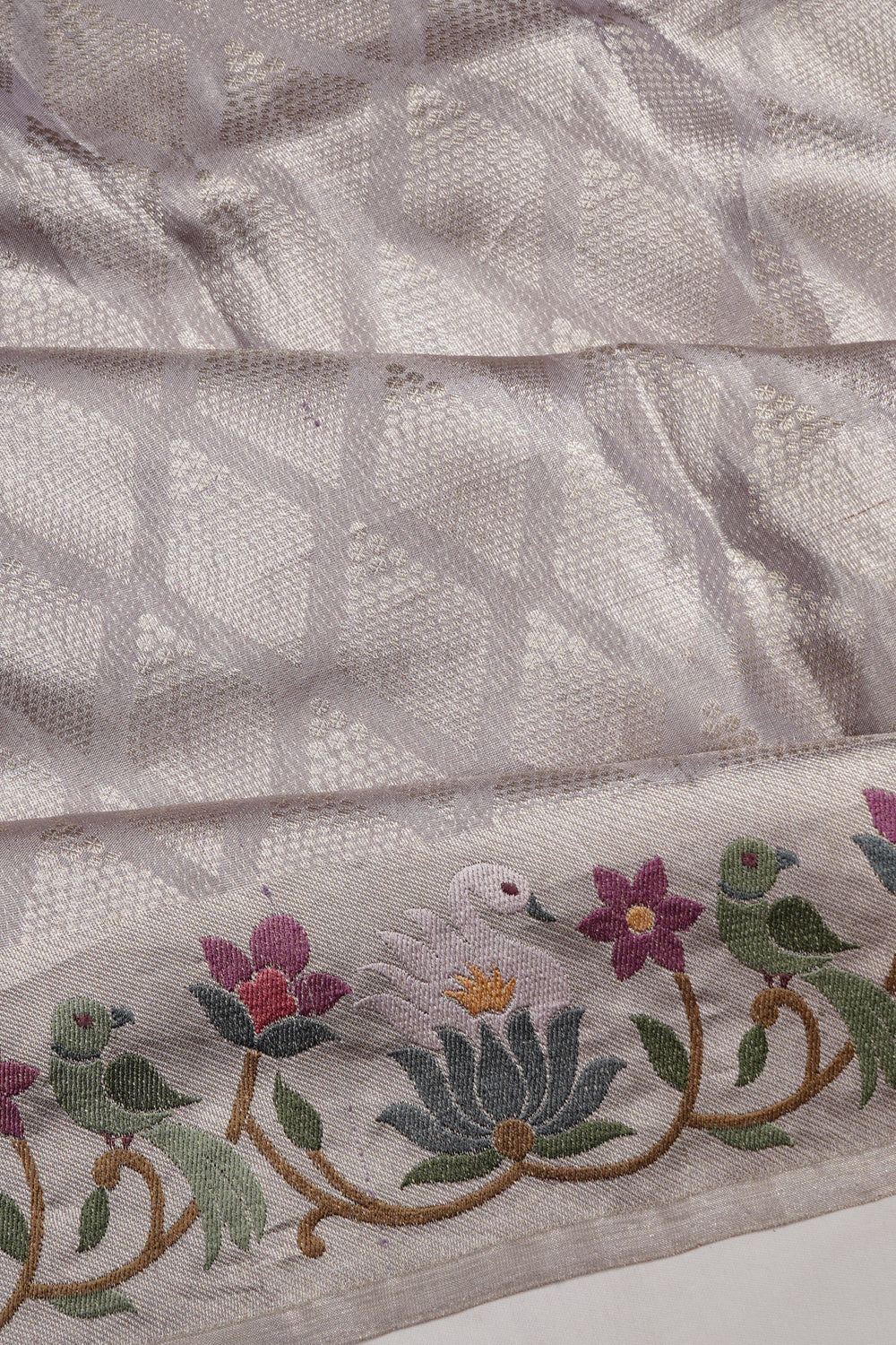 Kanchipuram Silk Tissue Brocade Grey Saree With Embroidery Border