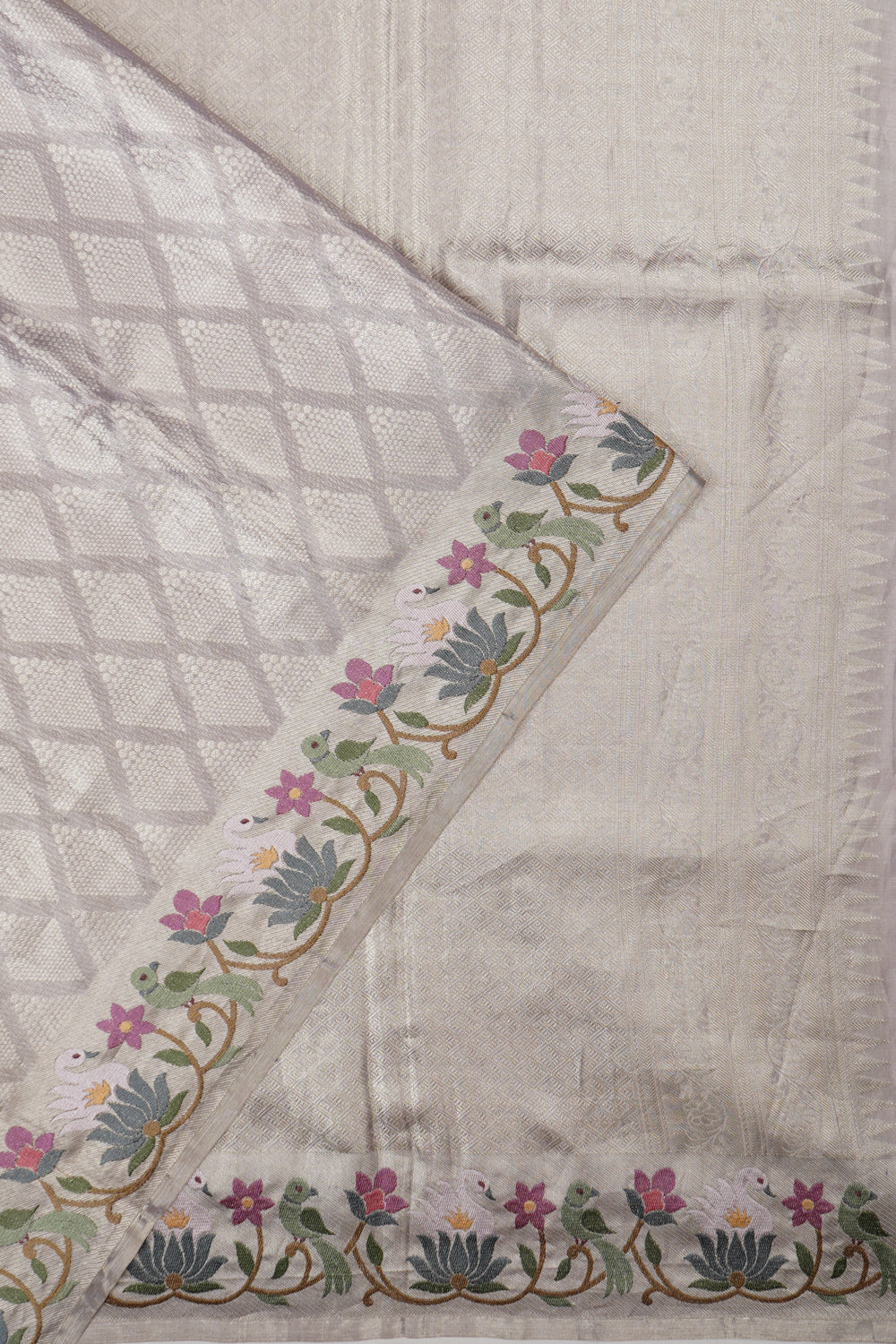 Kanchipuram Silk Tissue Brocade Grey Saree With Embroidery Border