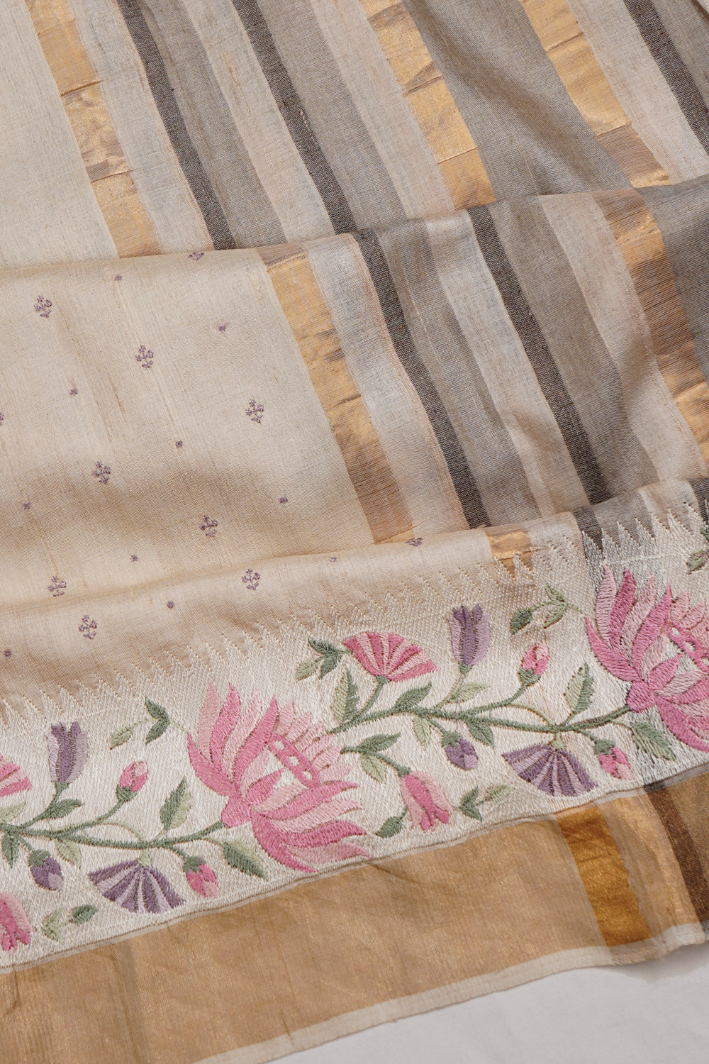 Tussar Embroidery Butta Beige Saree