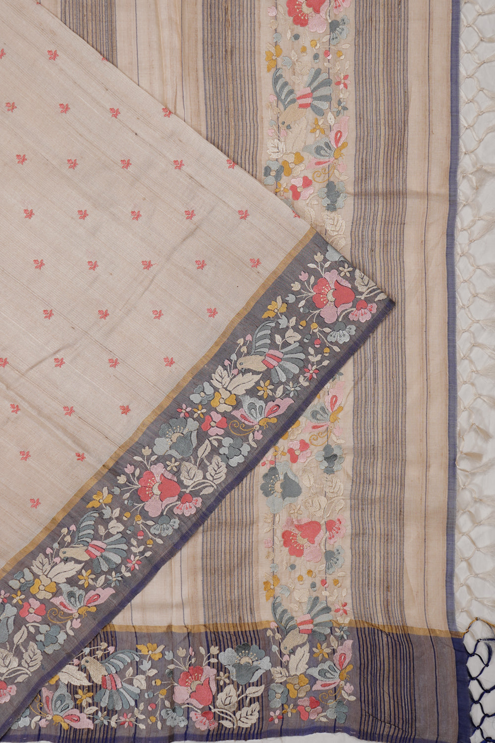 Tussar Embroidery Butta Beige Saree