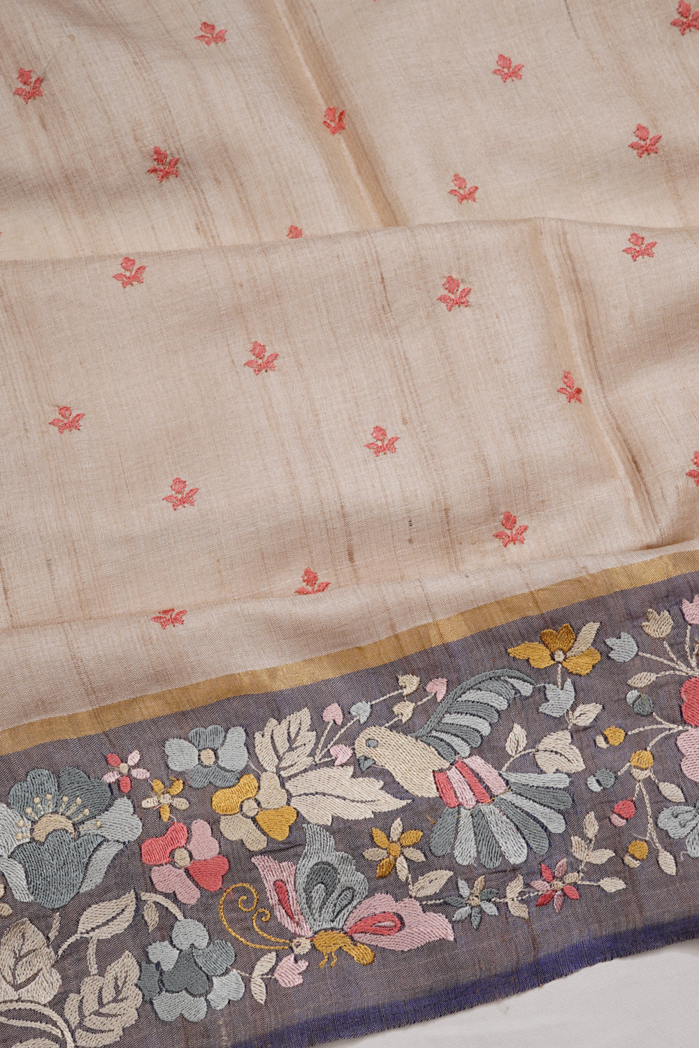 Tussar Embroidery Butta Beige Saree