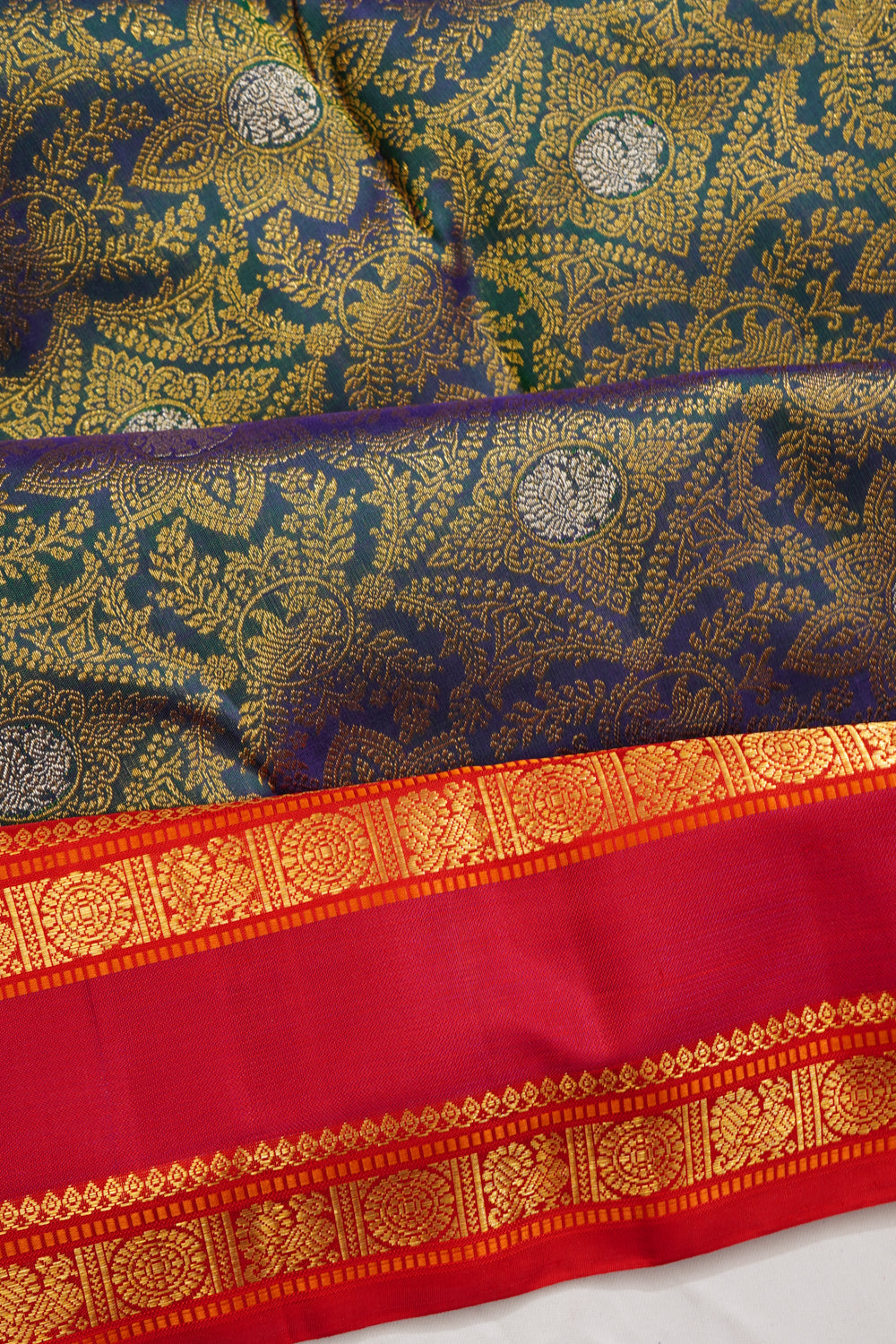 Kanchipuram Silk Brocade Bottel Green Saree