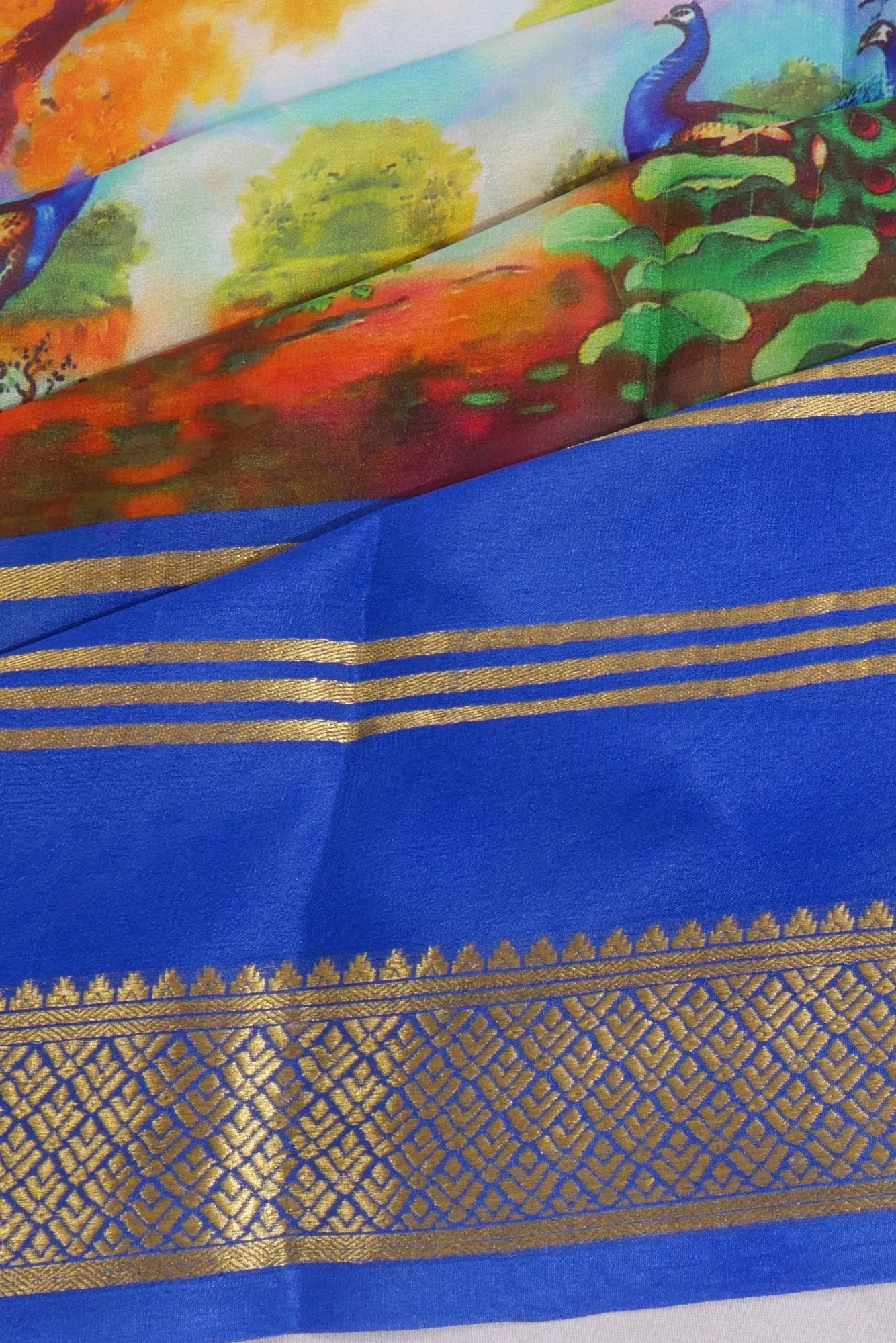 Binny Silk Digital Printed Royal Blue Saree With Big Borders