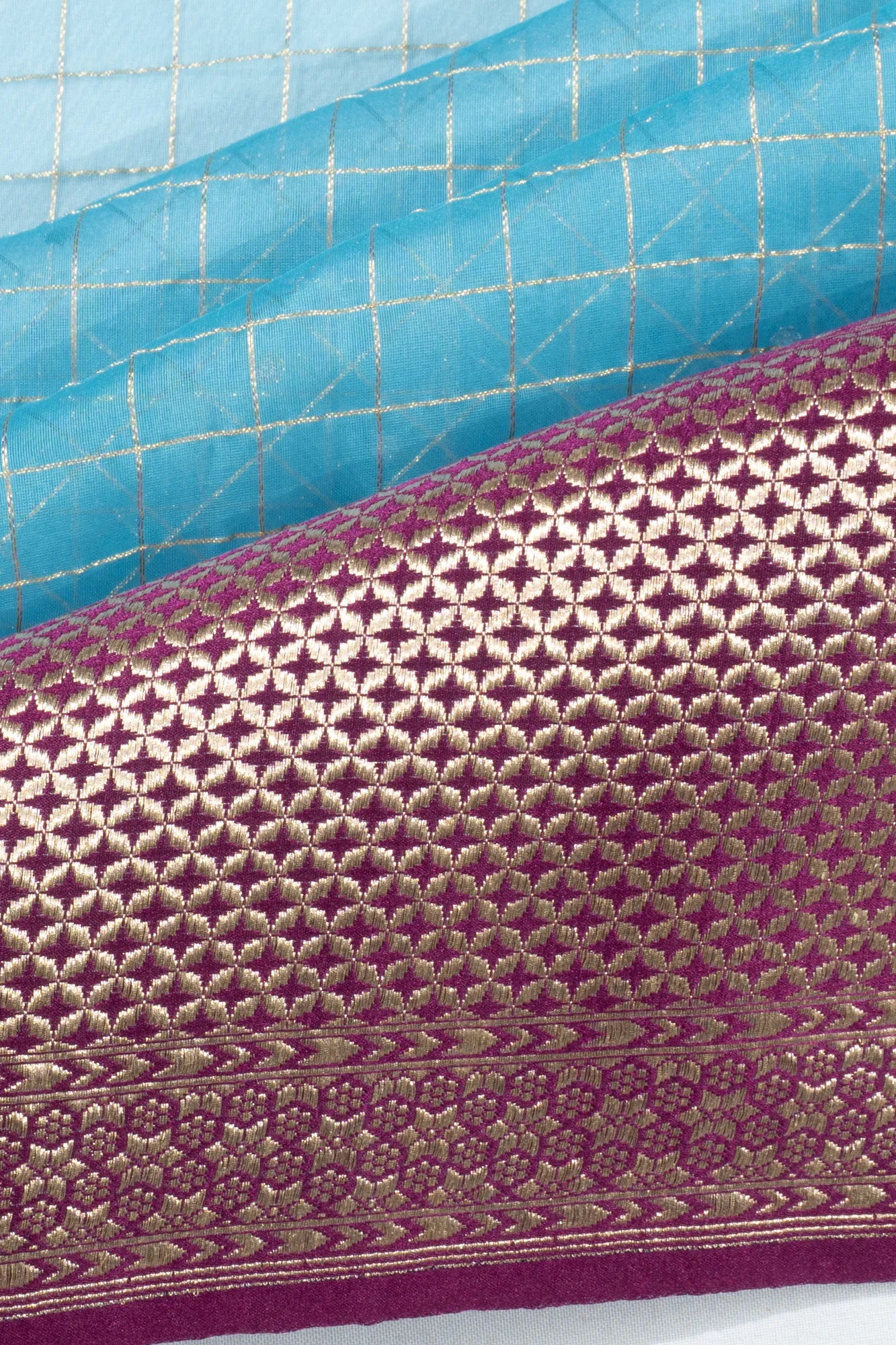Banarasi Kora Organza Checks And Butta Sky Blue Saree