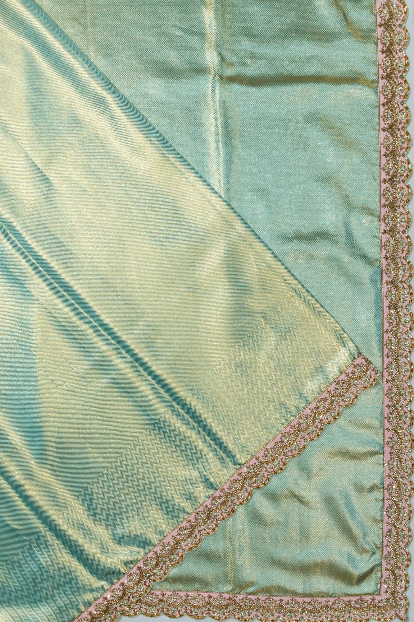 Kanchipuram Silk Tissue Zig Zag Lines Sky Blue Saree With Zardosi Work Border