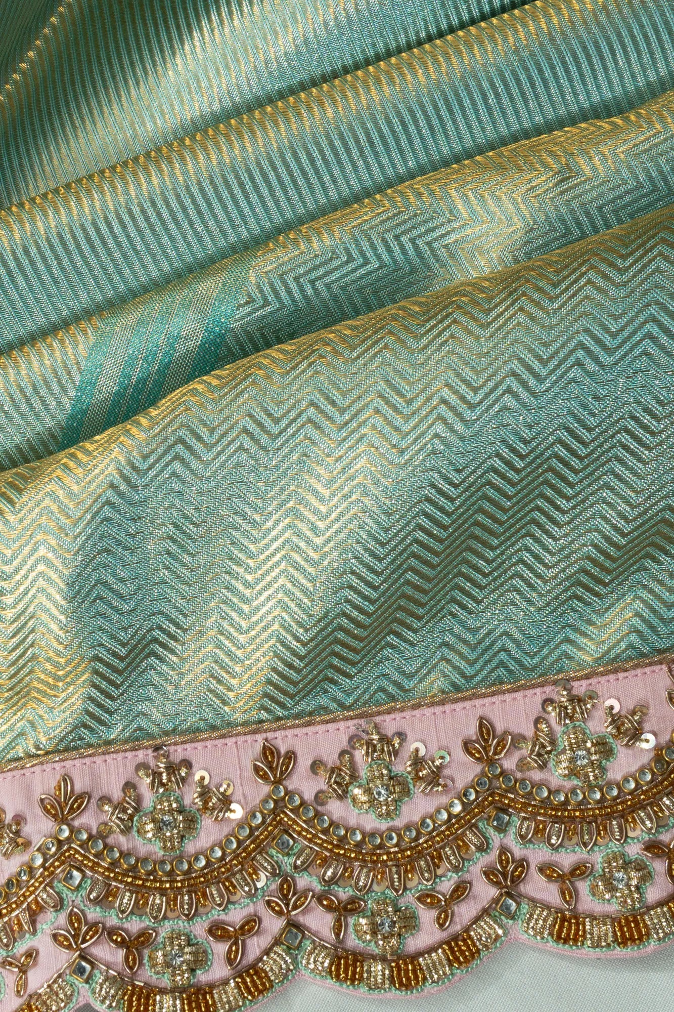 Kanchipuram Silk Tissue Zig Zag Lines Sky Blue Saree With Zardosi Work Border