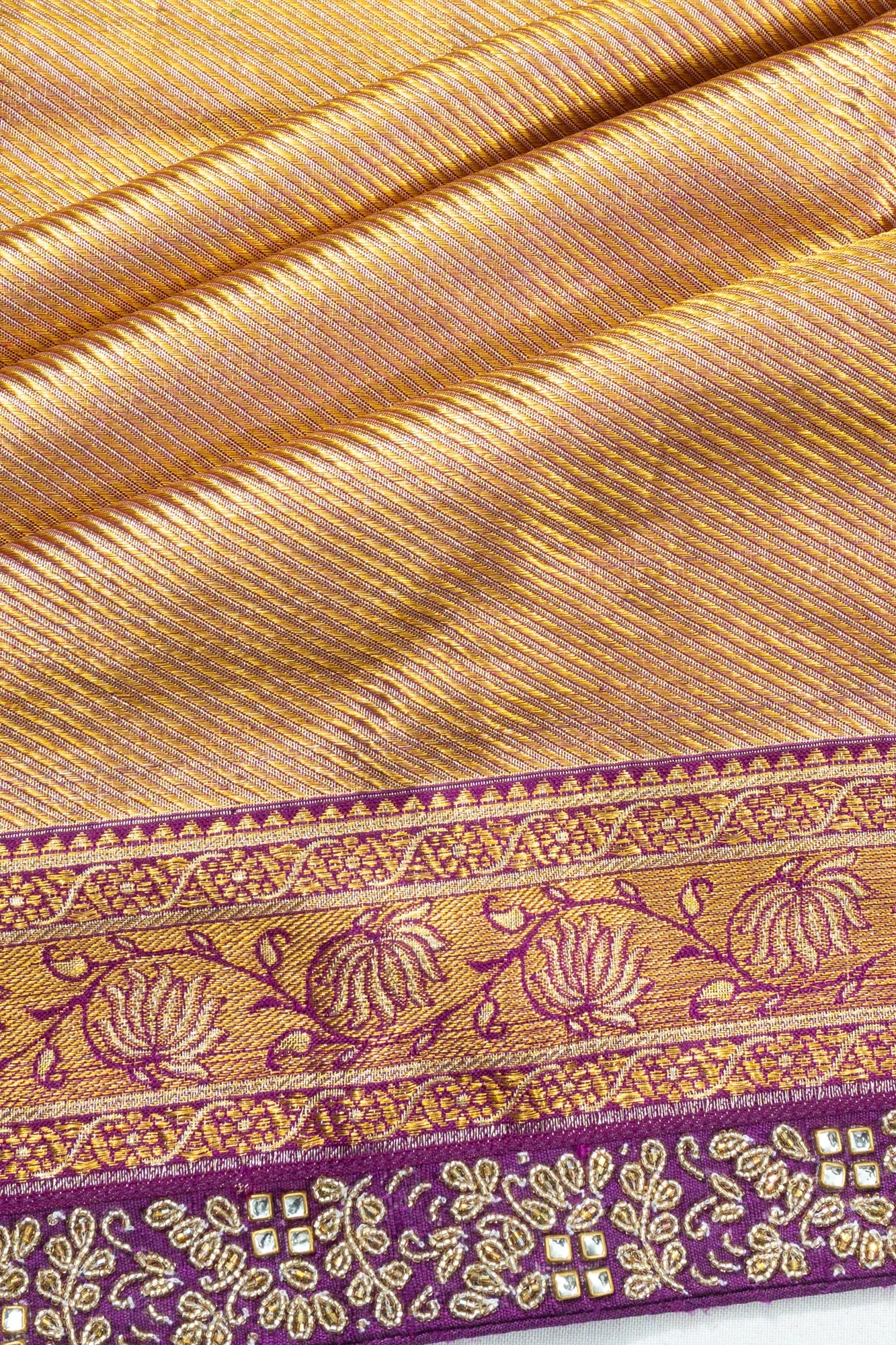 Kanchipuram Silk Tissue Diagonal Lines Gold Saree With Zardosi Work Border