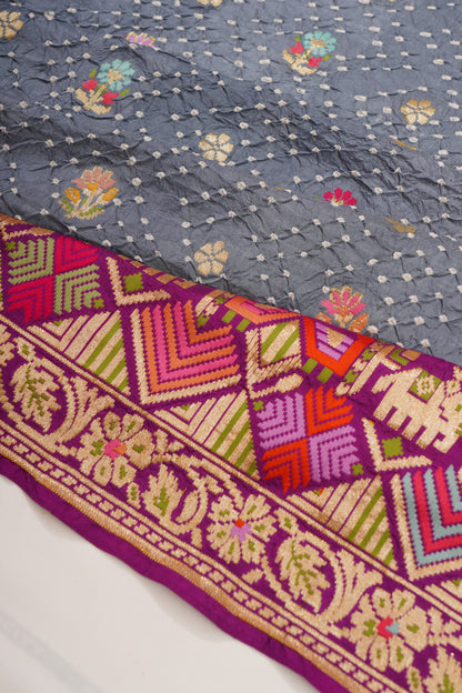 Banarasi Silk Bandhani Brocade Grey Saree