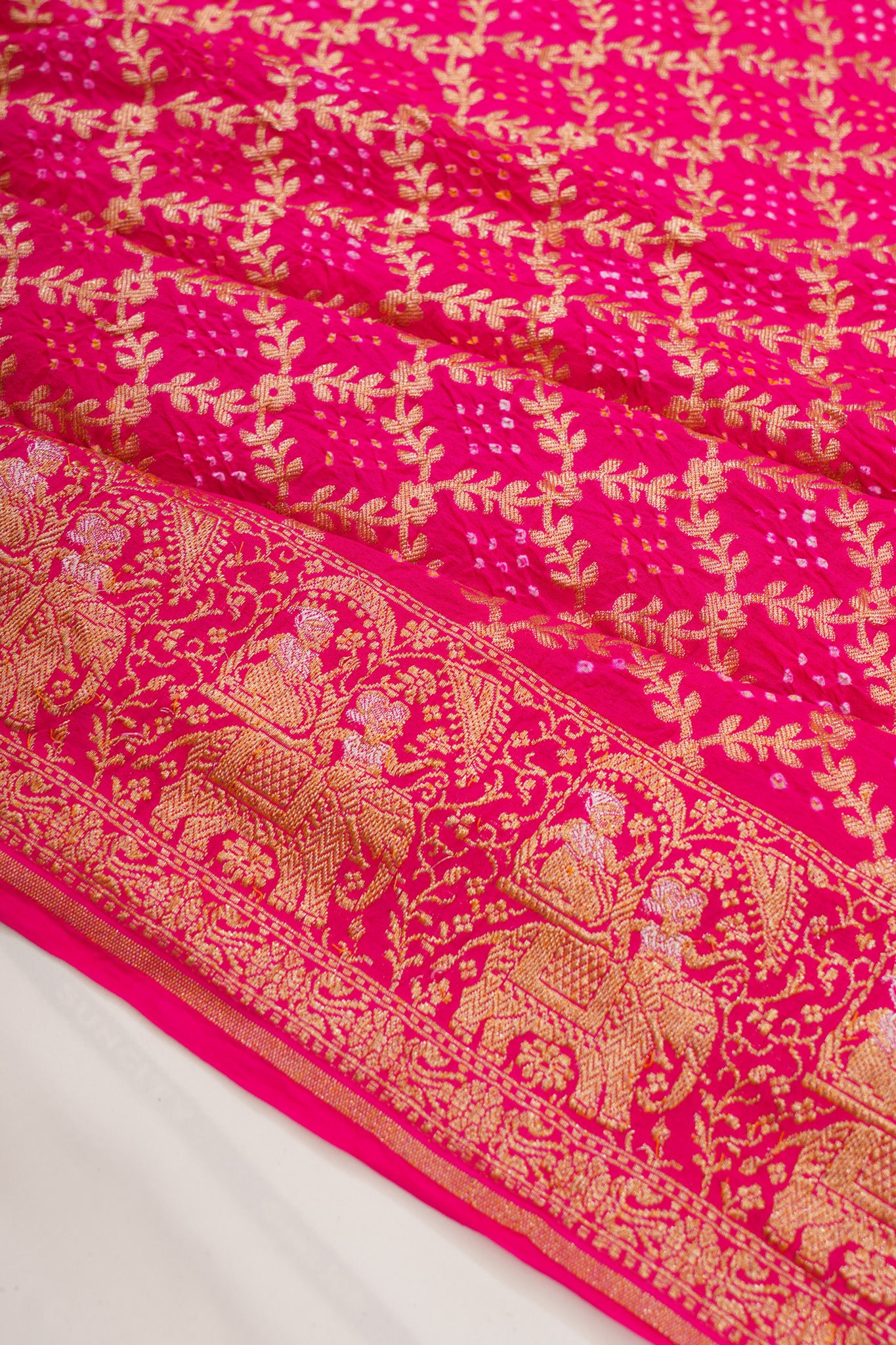 Banarasi Silk Bandhani Brocade Rani Pink Saree