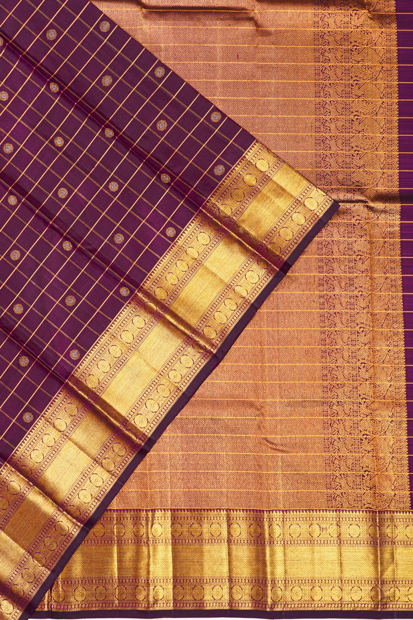 Kanchipuram Silk Checks And Butta Purple Saree