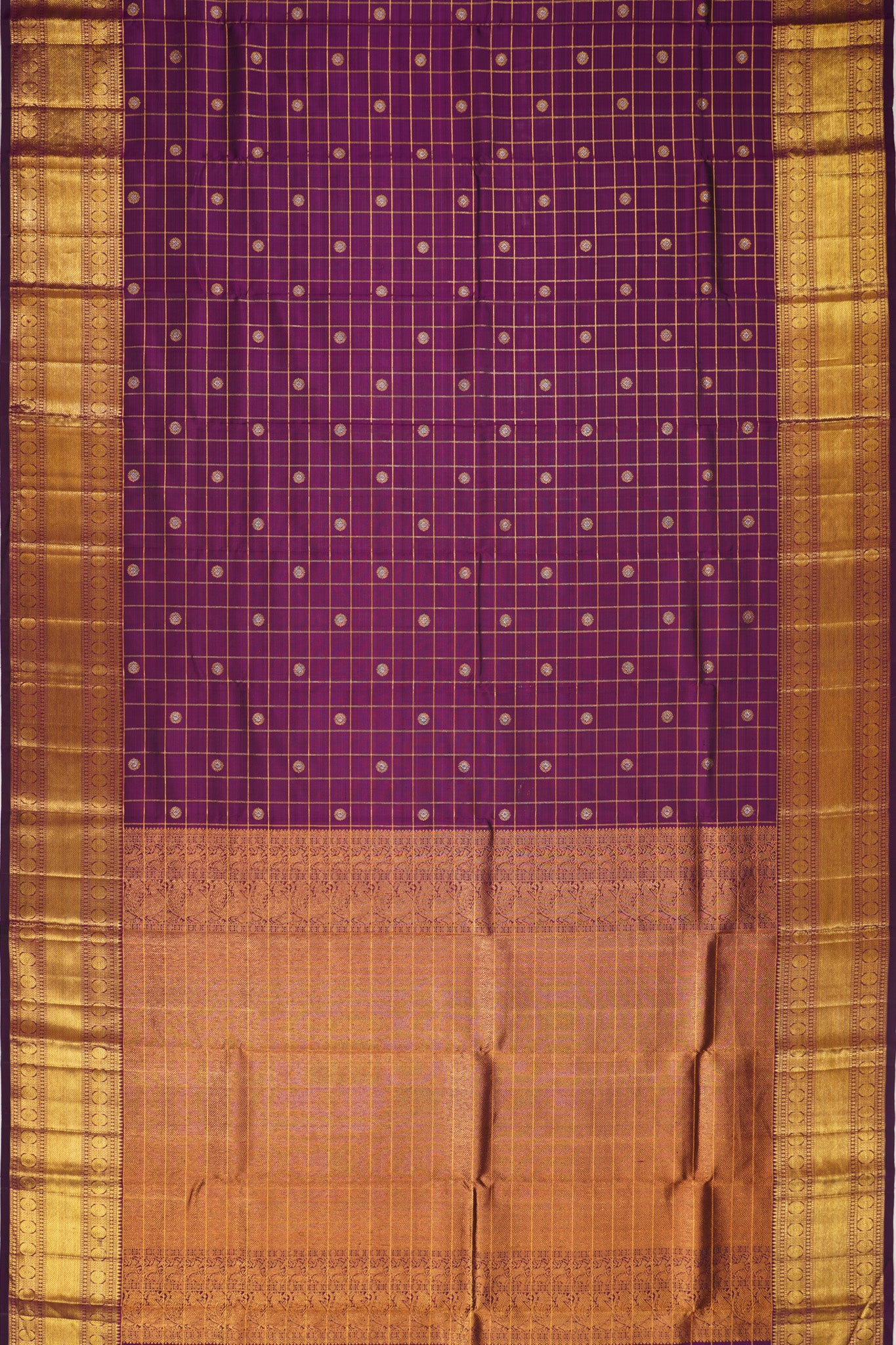 Kanchipuram Silk Checks And Butta Purple Saree
