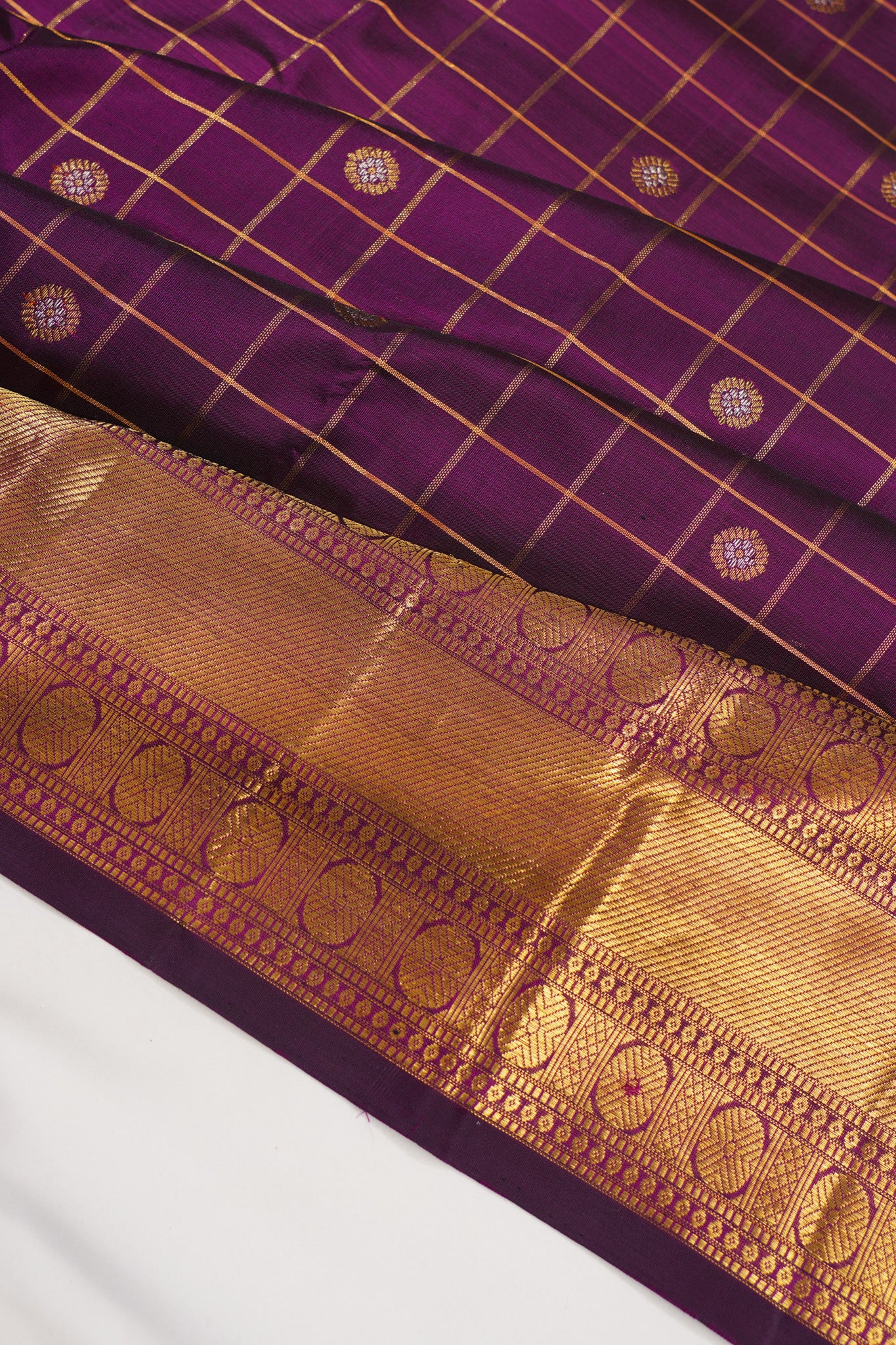 Kanchipuram Silk Checks And Butta Purple Saree