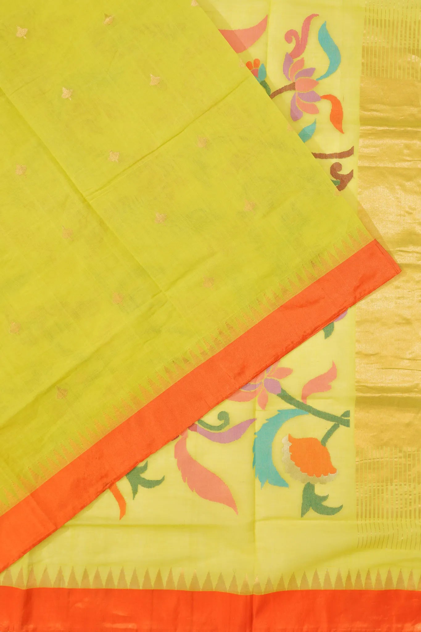 Ponduru Handspun Cotton Butta Parrot Green Saree With Jamdani Pallu
