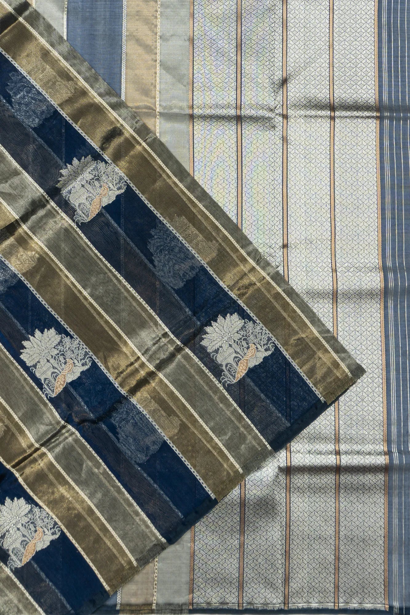 Organza Vertical Lines And Butta Dark Blue And Gold Saree