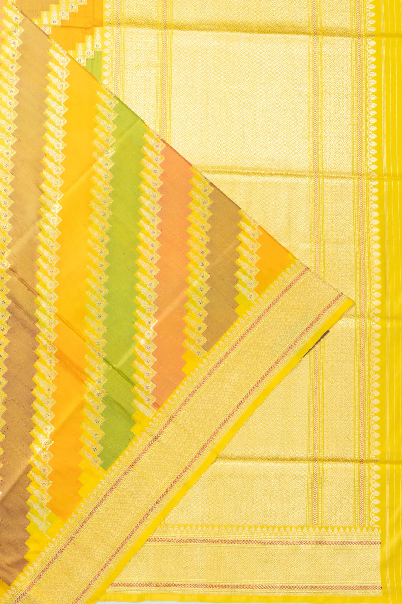 Banarasi Silk Leheriya Jaal Rangkat Yellow Saree