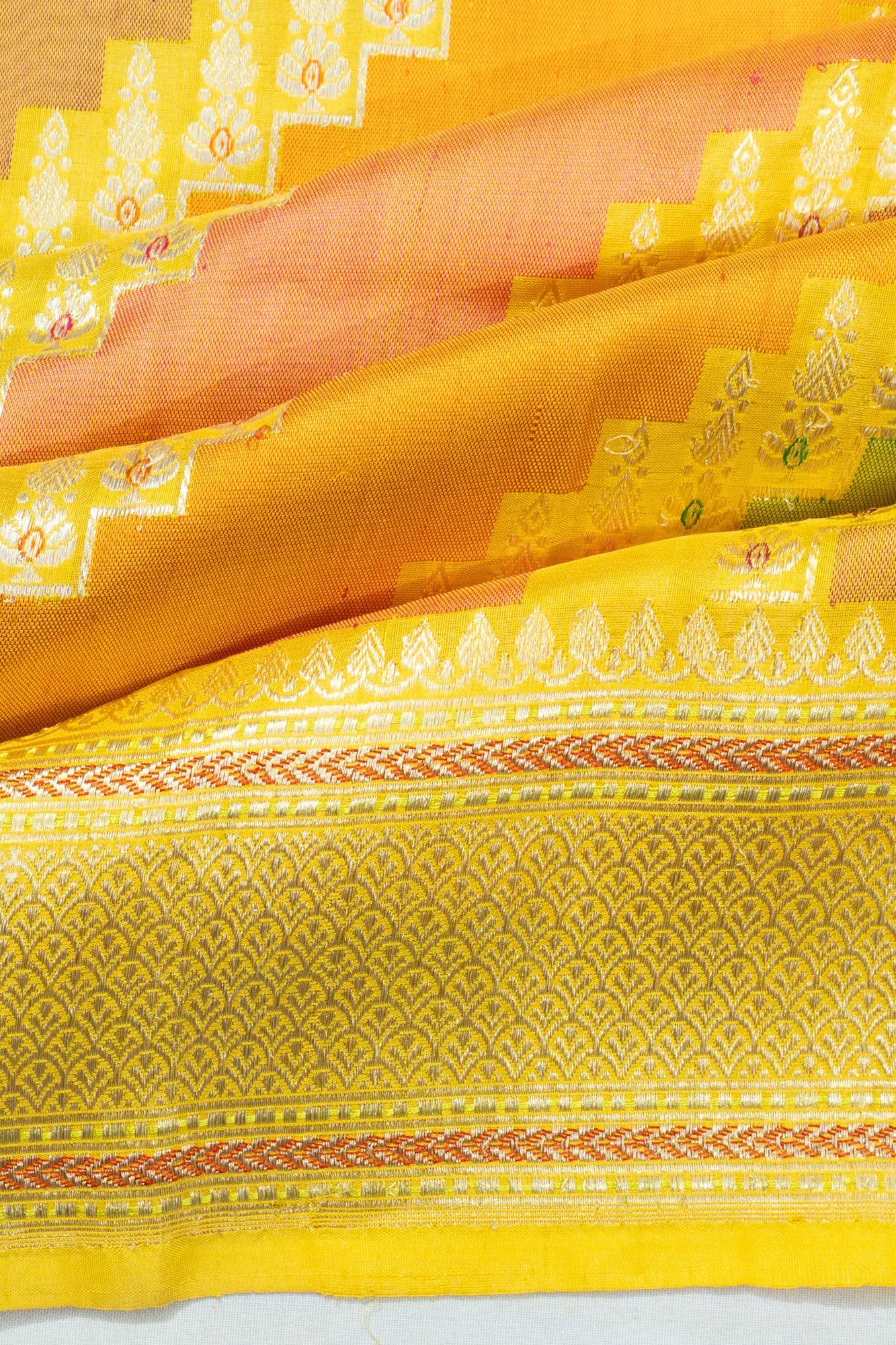 Banarasi Silk Leheriya Jaal Rangkat Yellow Saree