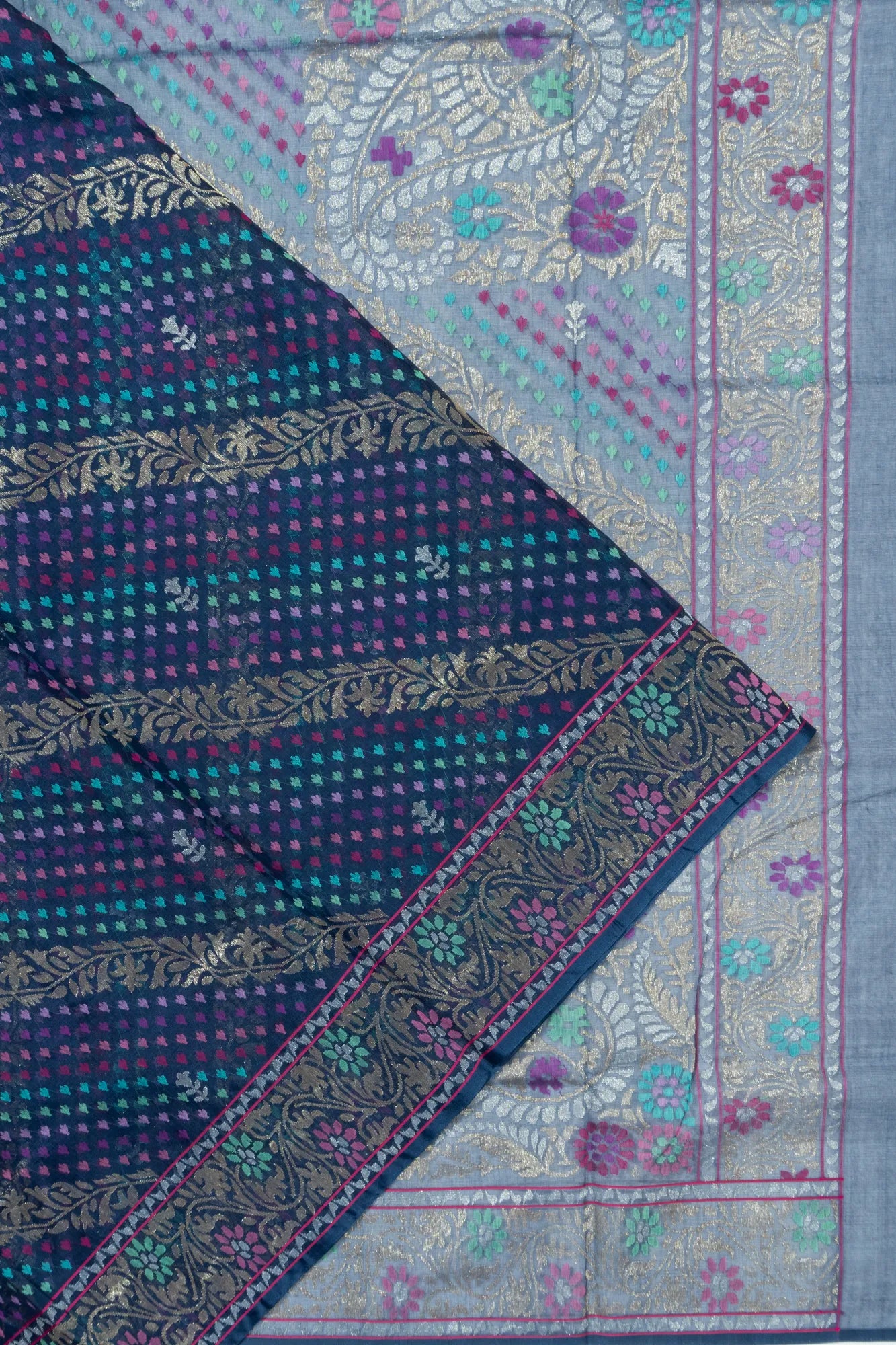 Banarasi Cotton Jamdani Neelambari Blue Saree