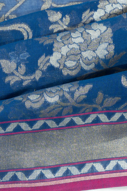 Banarasi Cotton Brocade Dark Blue Saree