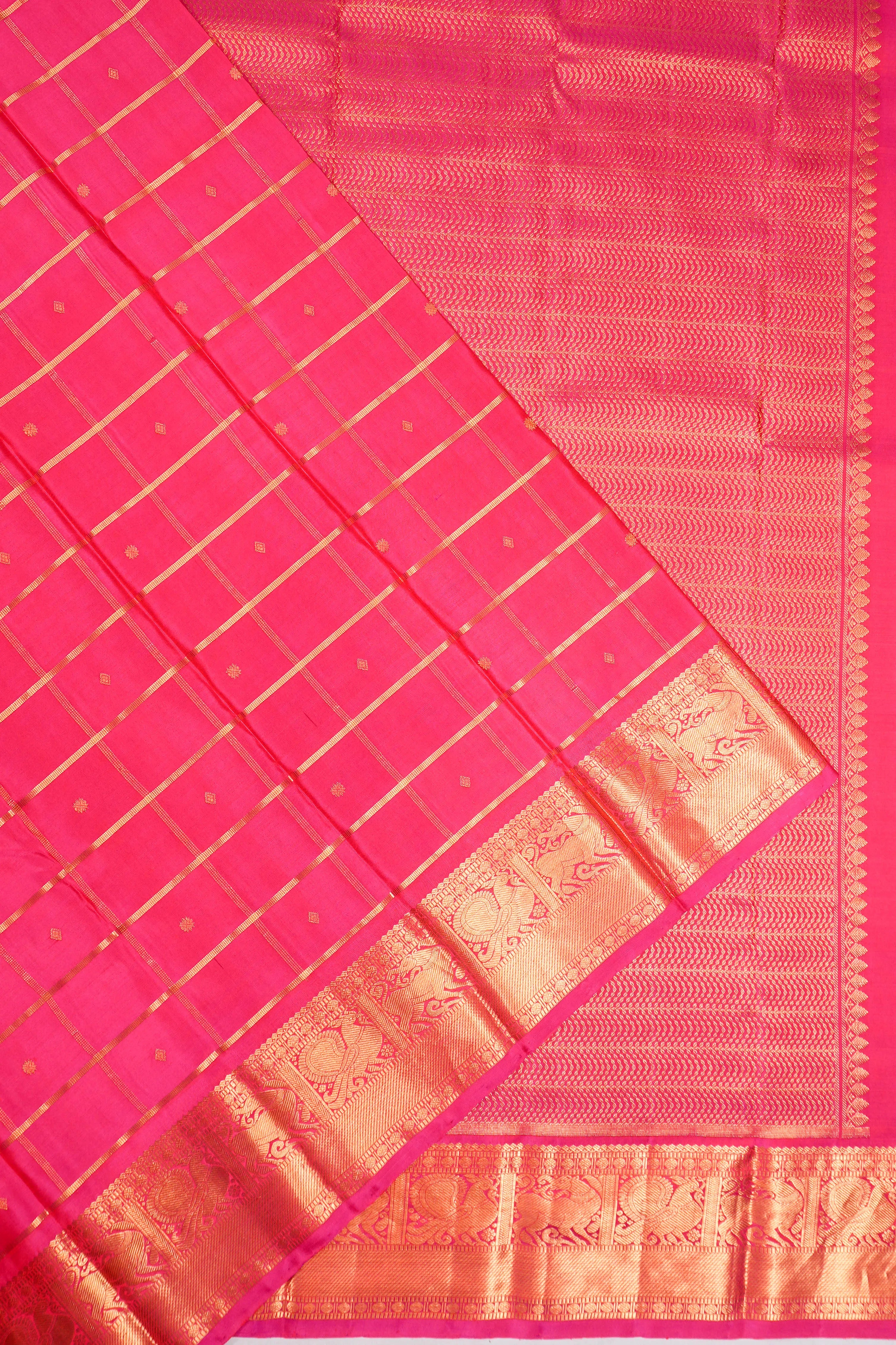 Kanchipuram Silk Checks And Butta Pink Saree