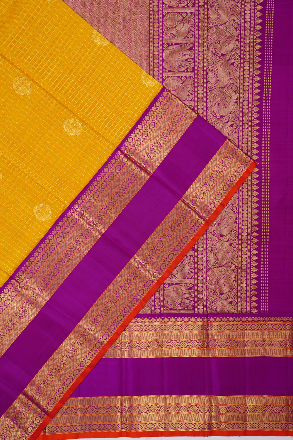 Kanchipuram Silk Checks And Butta Yellow Saree