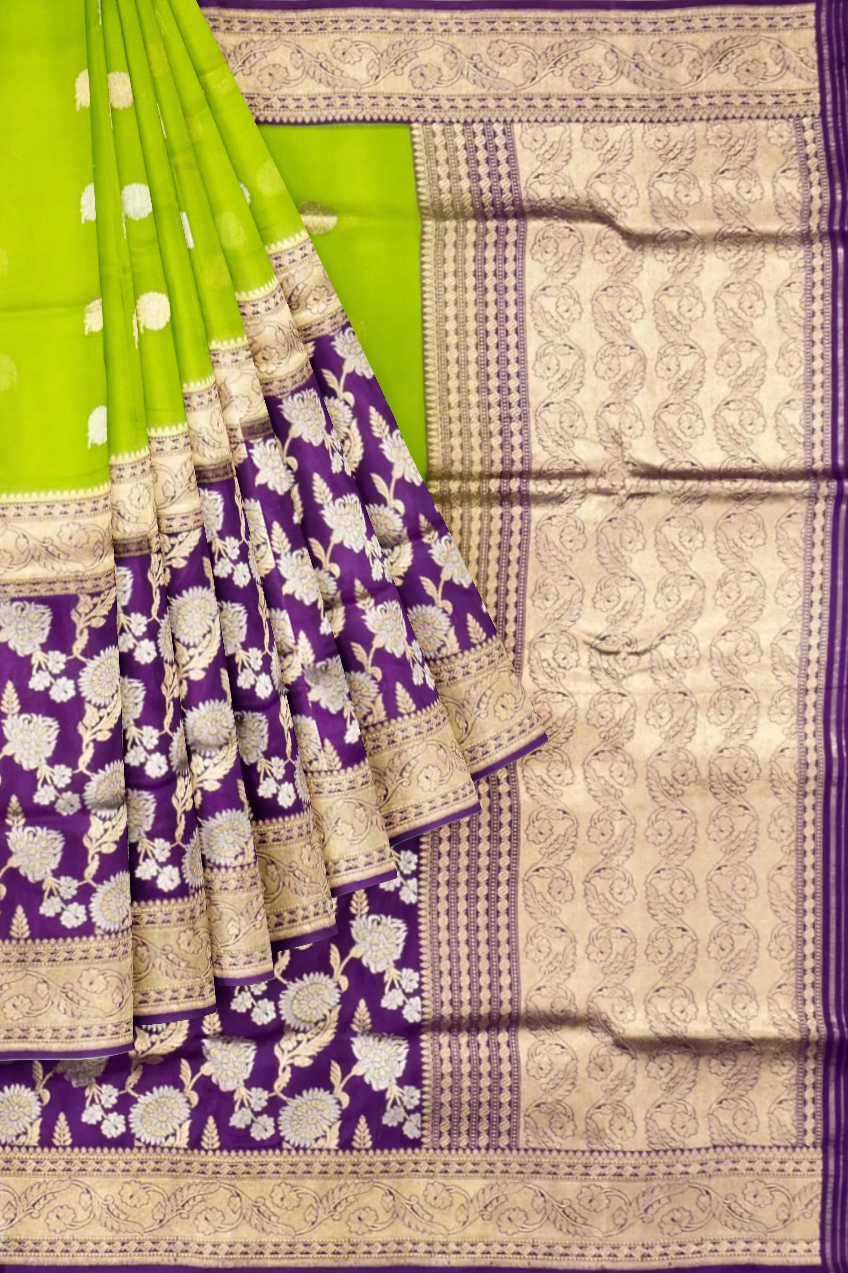 Banarasi Kora Organza And Silk Half And Half Green Saree