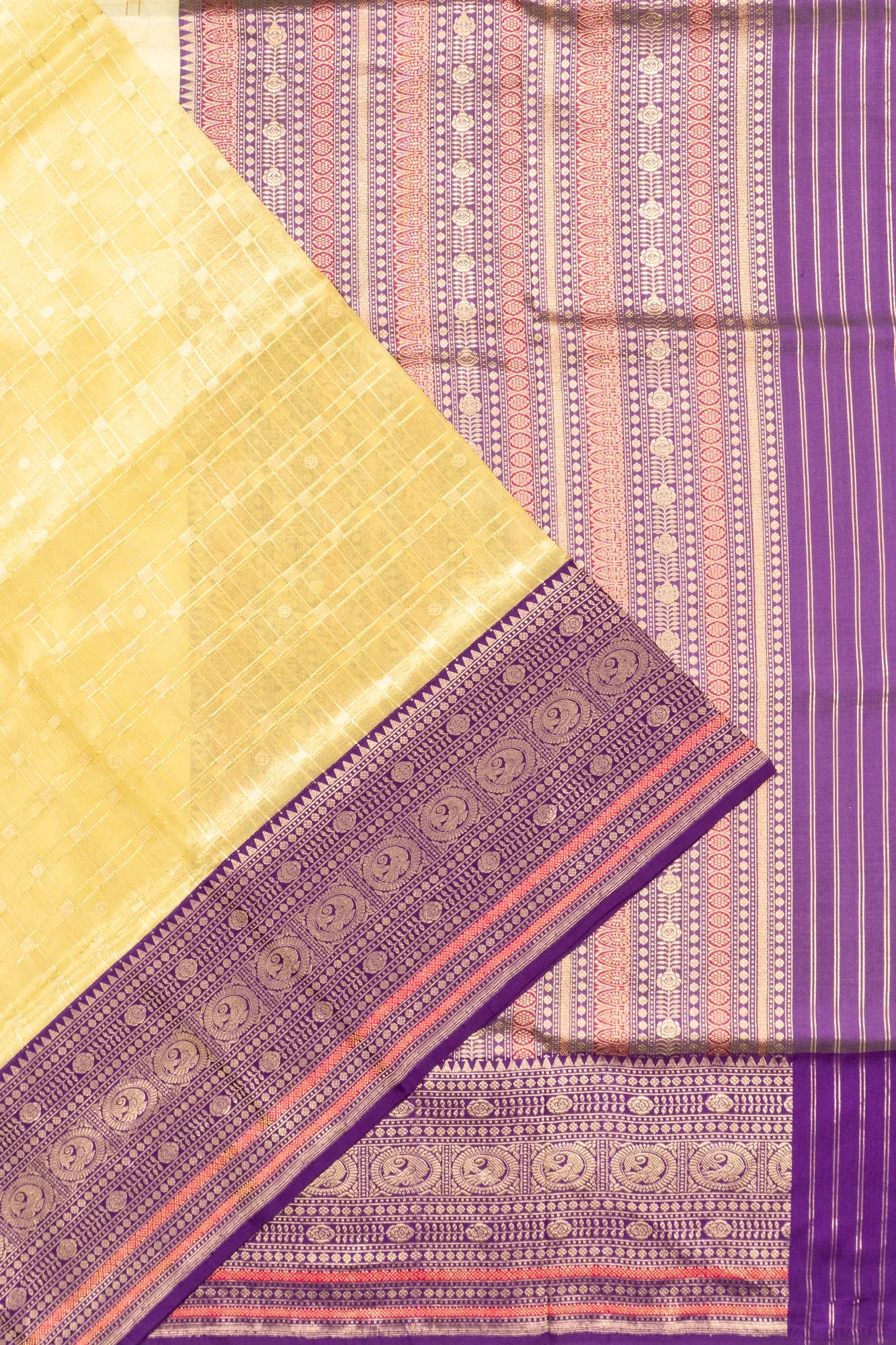 Banarasi Kora Organza Checks And Butta Yellow Saree
