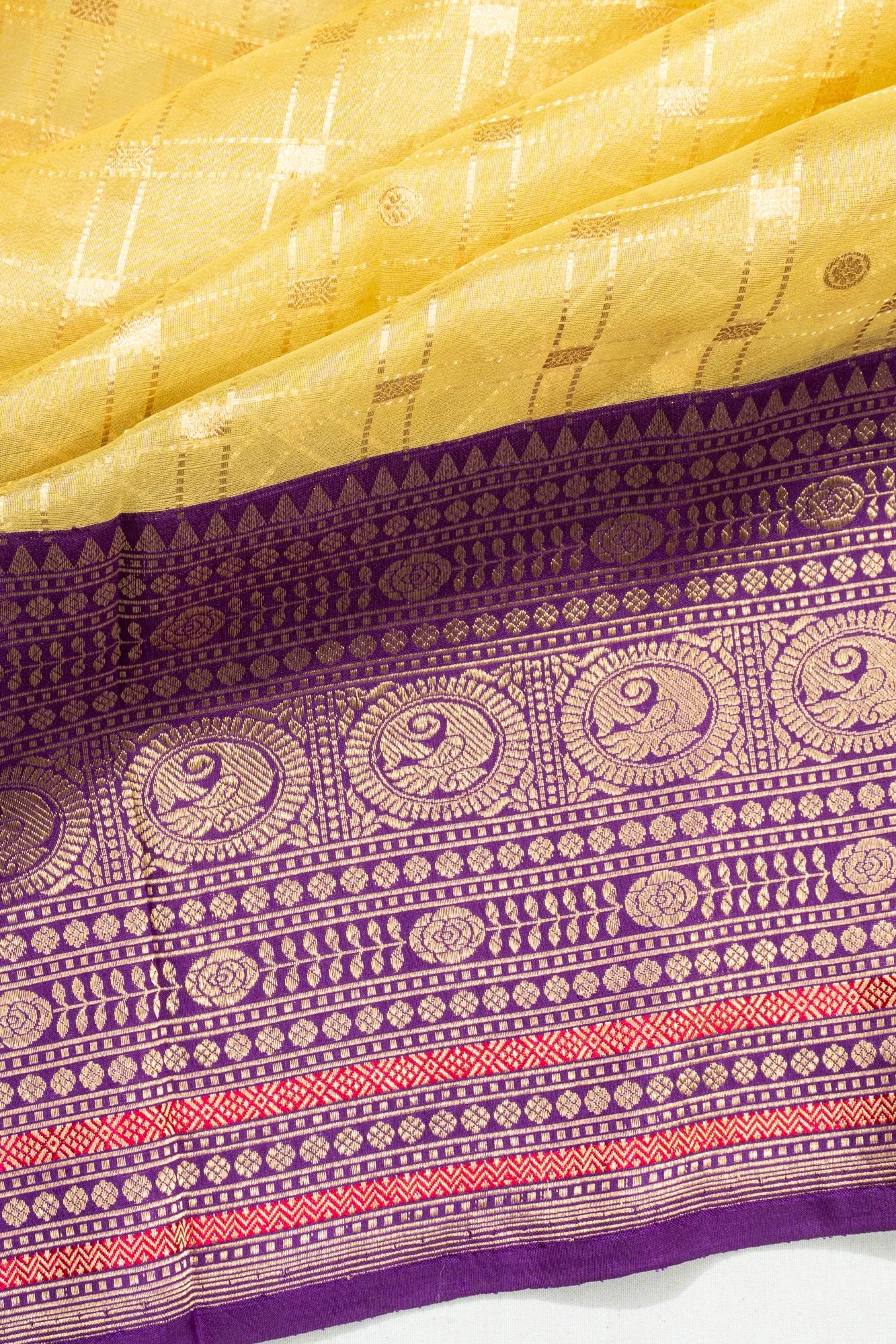Banarasi Kora Organza Checks And Butta Yellow Saree