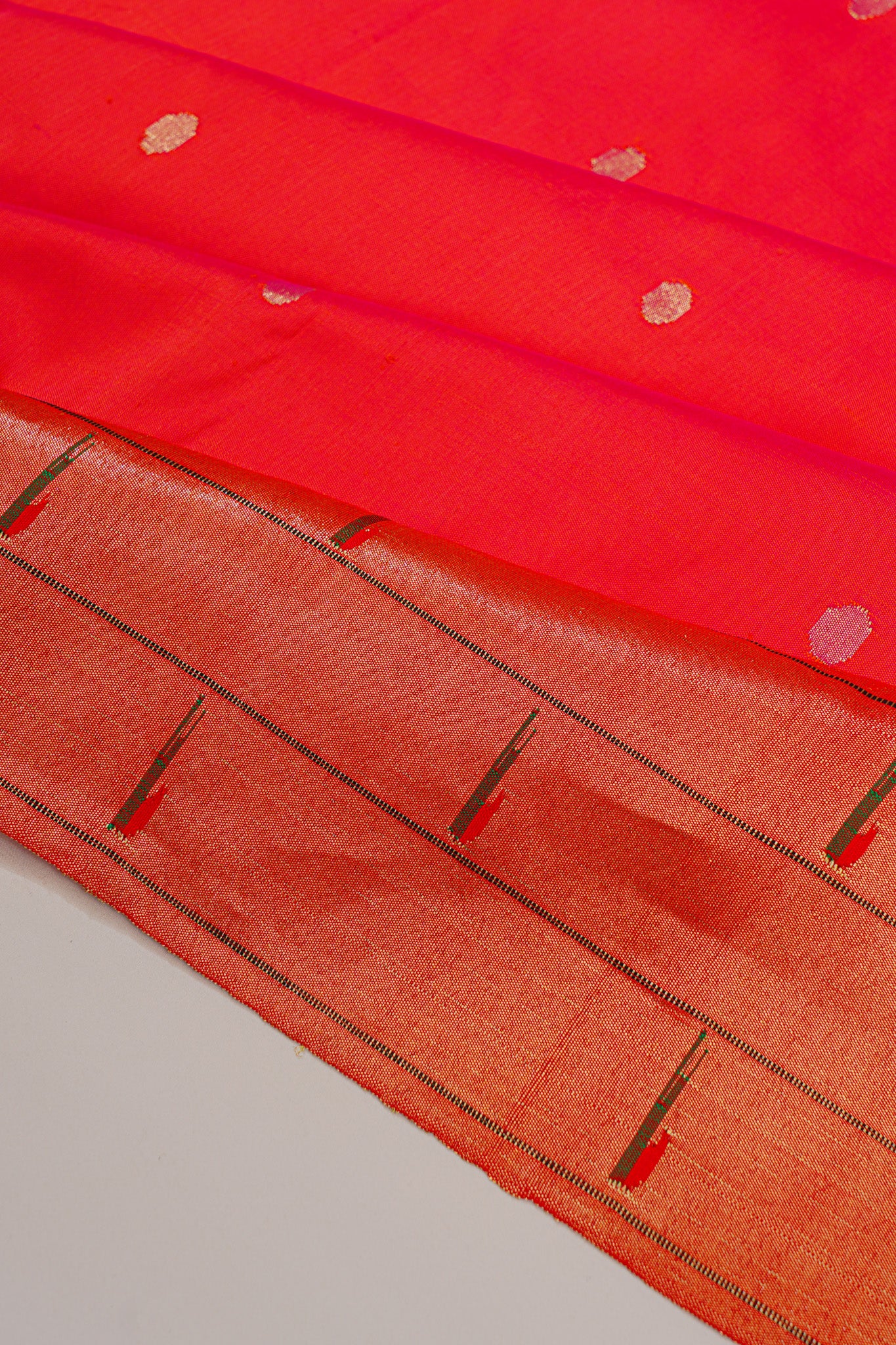 Paithani Silk Butta Red Saree With Triple Muniya Border