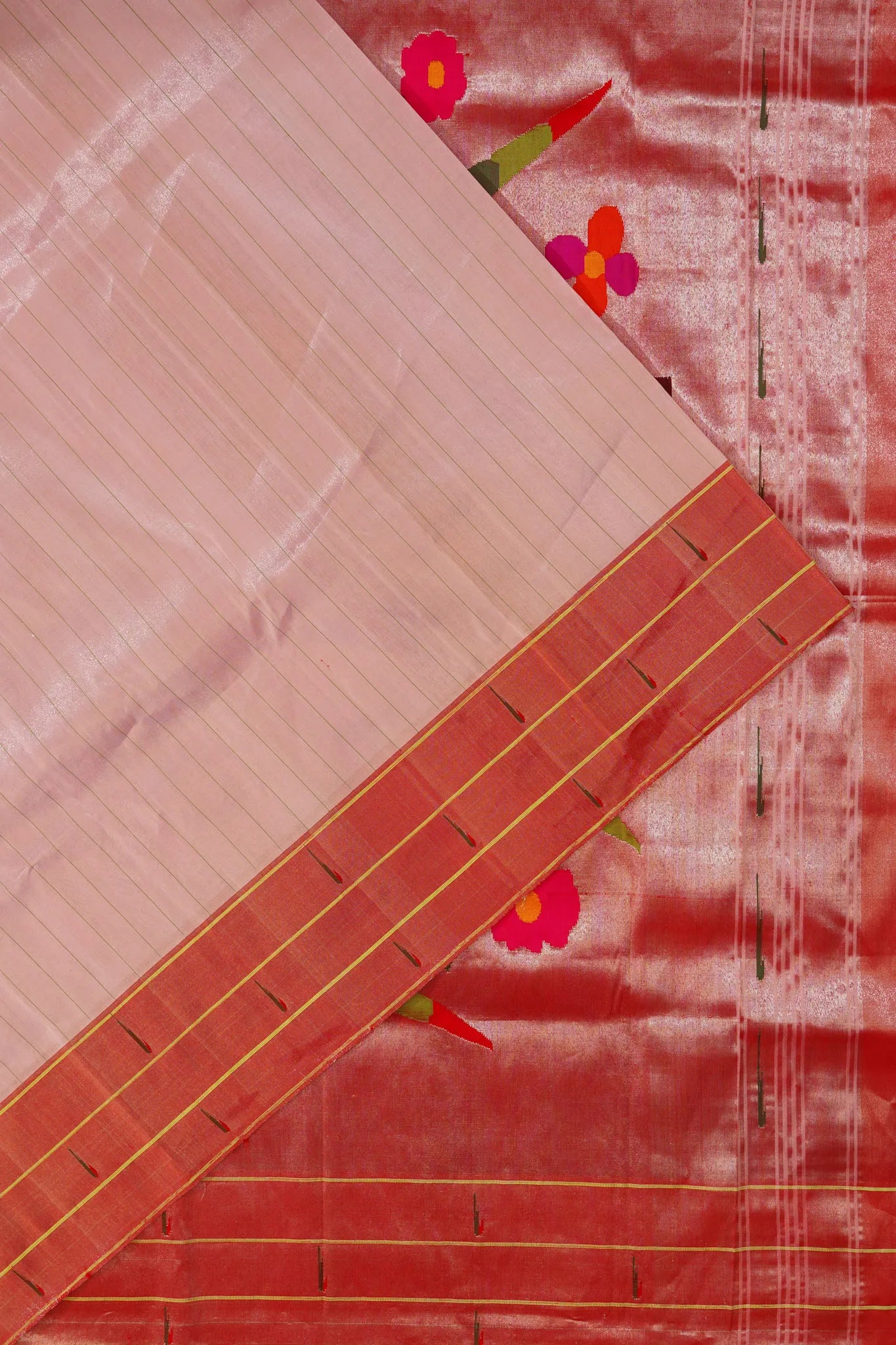 Paithani Silk Vertical Lines Baby Pink Saree With Triple Muniya Border