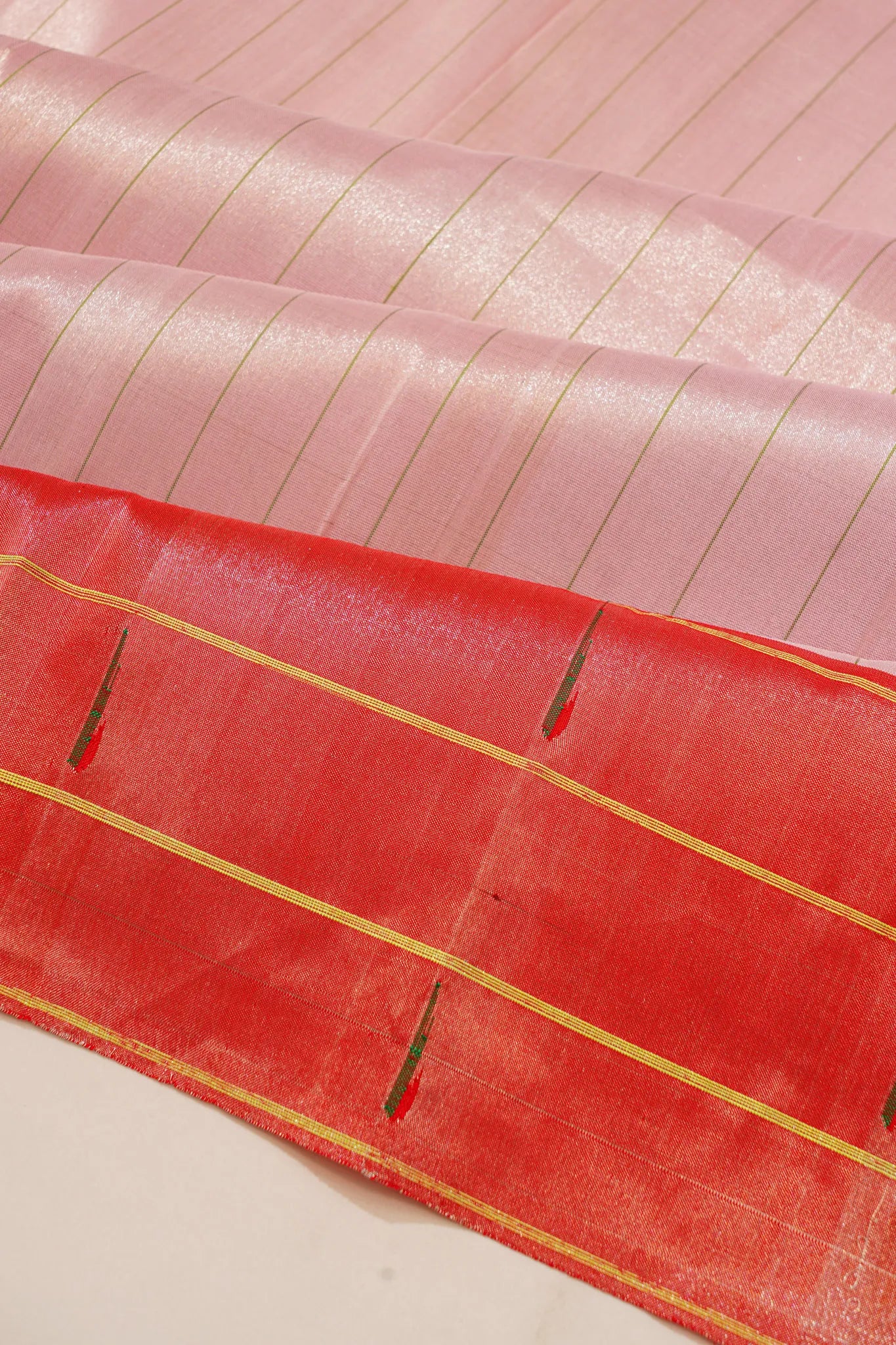Paithani Silk Vertical Lines Baby Pink Saree With Triple Muniya Border