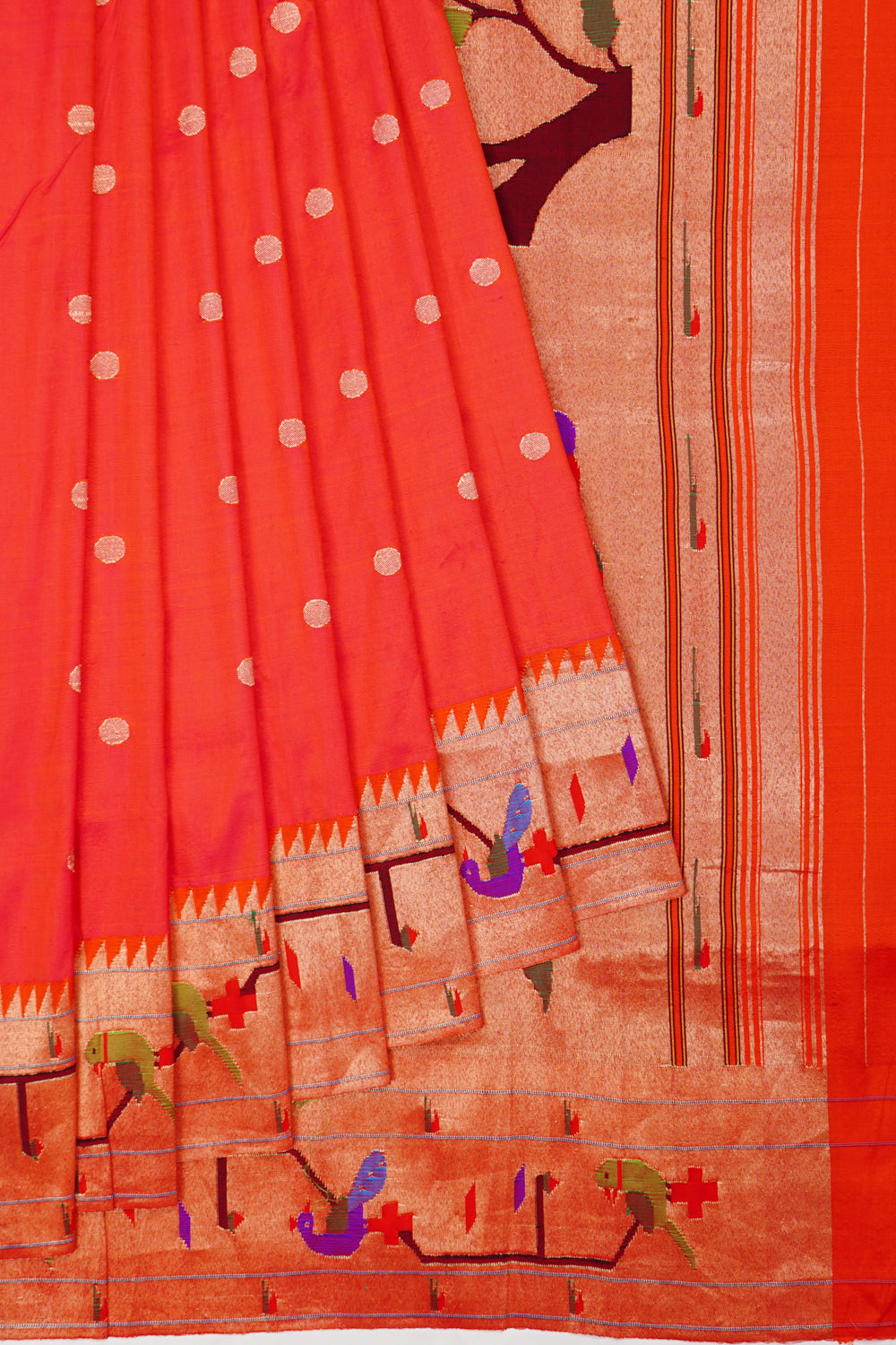 Paithani Silk Butta Orange Saree With Akruthi Border
