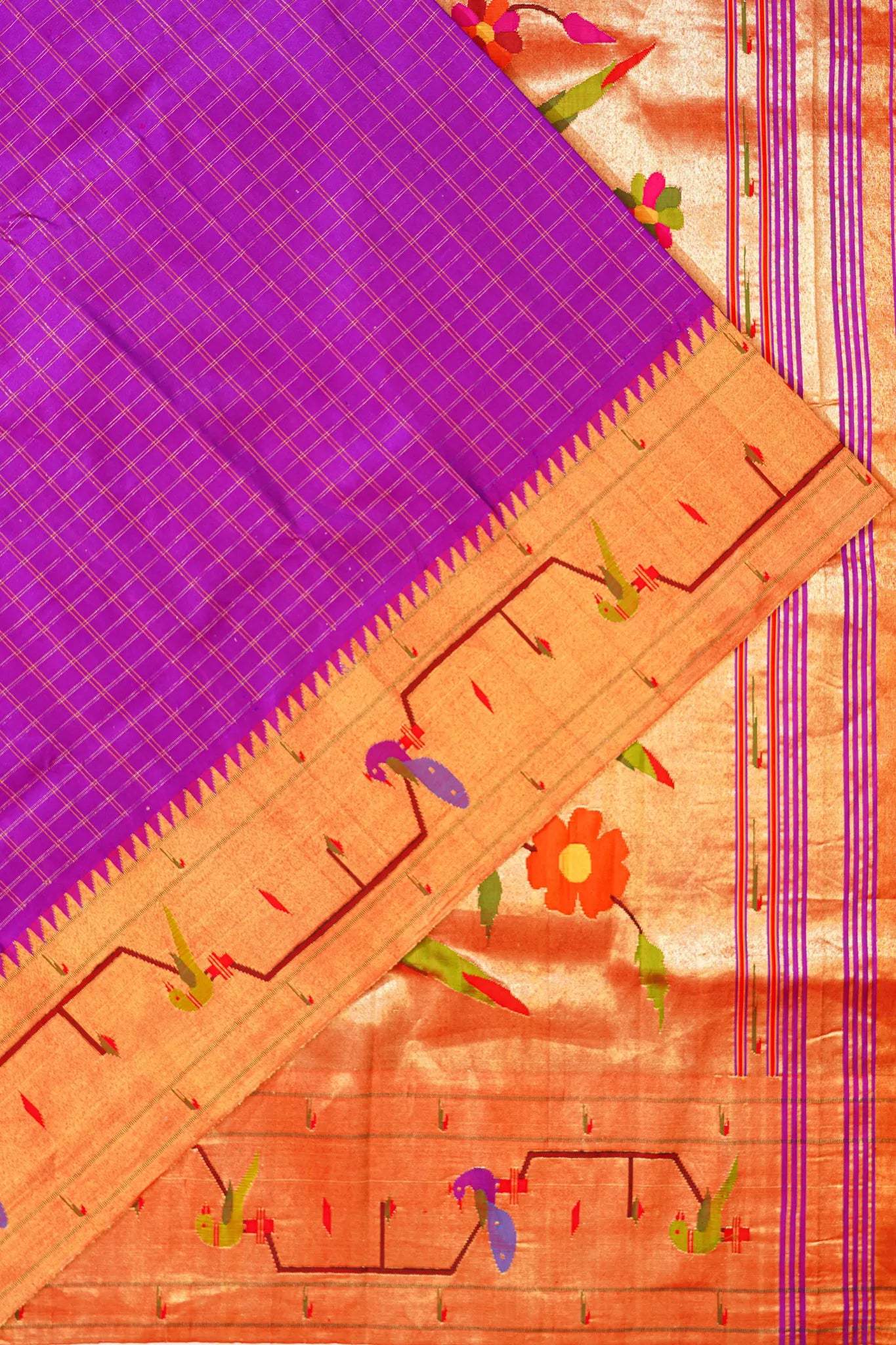 Paithani Silk Checks Purple Saree With Akruthi Border