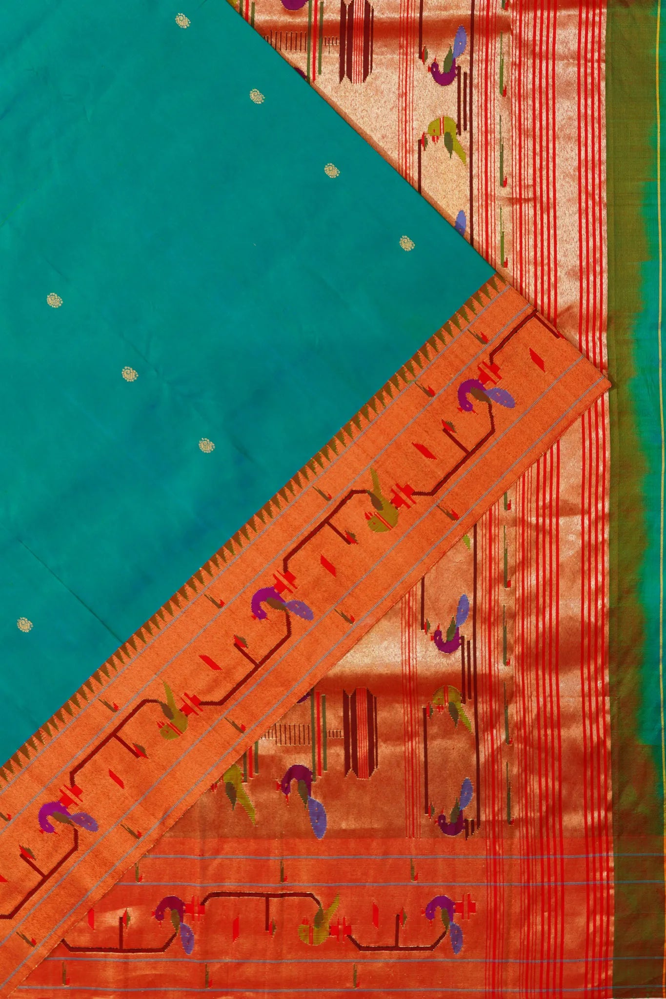 Paithani Silk Butta Dual Tone Green And Blue Saree With Akruthi Border