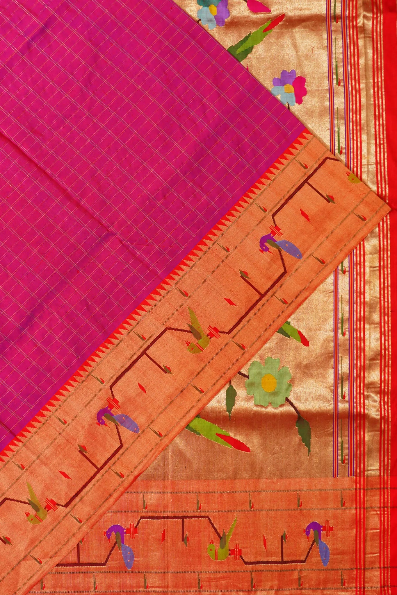 Paithani Silk Checks Purple Saree With Akruthi Border