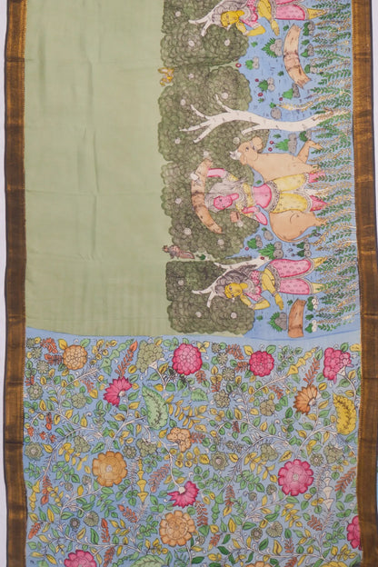 Kankatala Soft Silk Kalamkari Handpainted Pista Green Saree g2