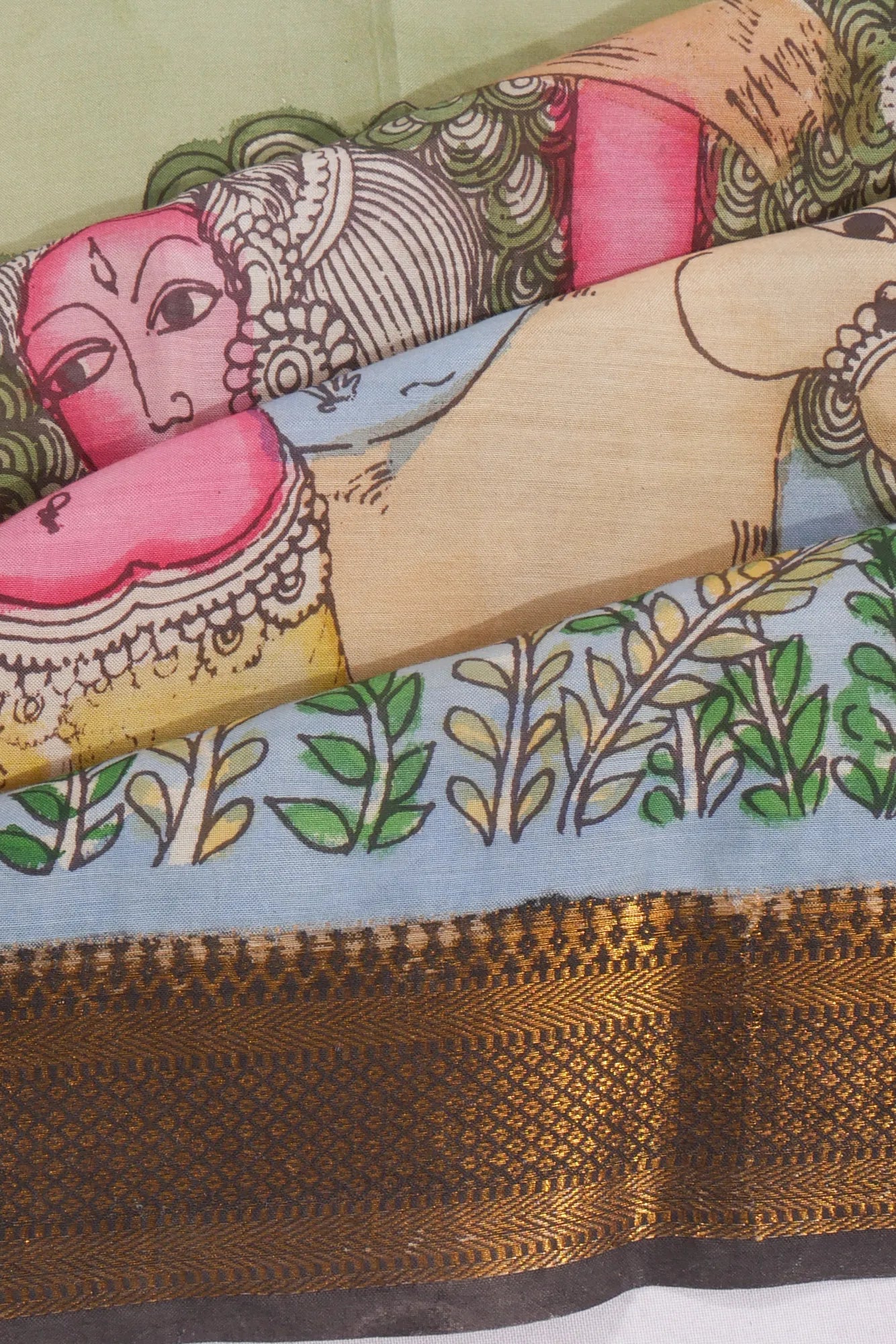 Kankatala Soft Silk Kalamkari Handpainted Pista Green Saree g2