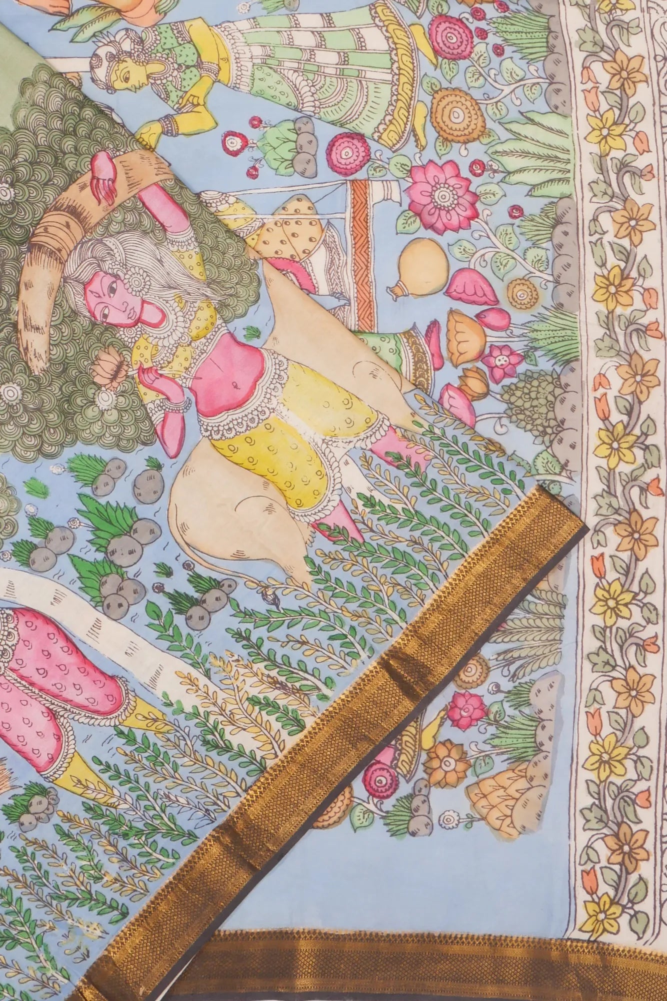 Soft Silk Kalamkari Handpainted Pista Green Saree