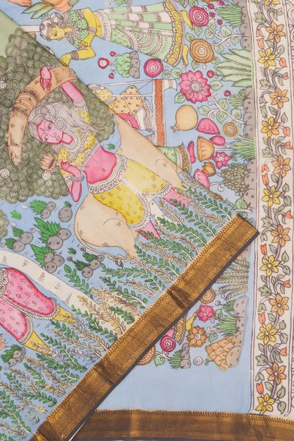 Kankatala Soft Silk Kalamkari Handpainted Pista Green Saree g2