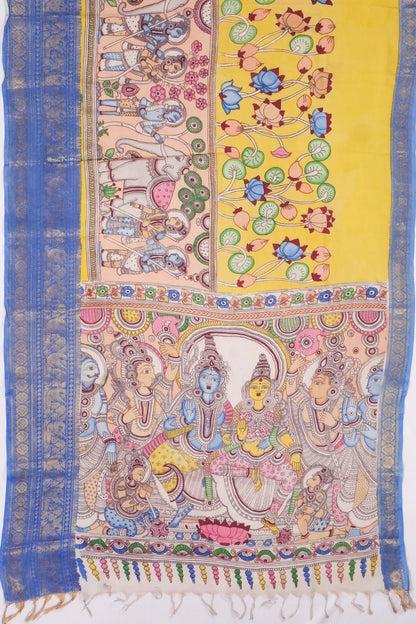 Kankatala Soft Silk Kalamkari Handpianted Half And Half Yellow And Peach Saree g2