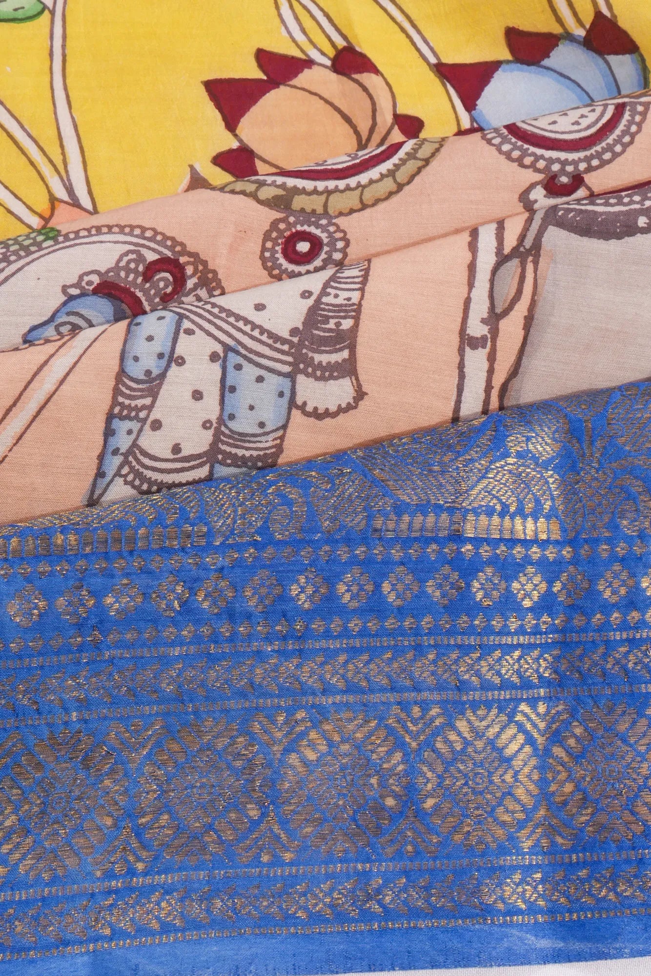 Kankatala Soft Silk Kalamkari Handpianted Half And Half Yellow And Peach Saree g2