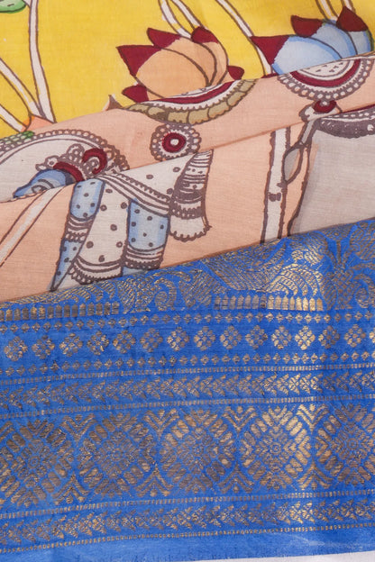 Kankatala Soft Silk Kalamkari Handpianted Half And Half Yellow And Peach Saree g2