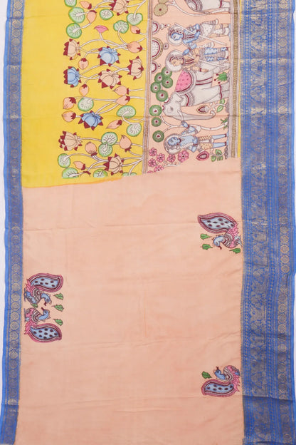 Kankatala Soft Silk Kalamkari Handpianted Half And Half Yellow And Peach Saree g2