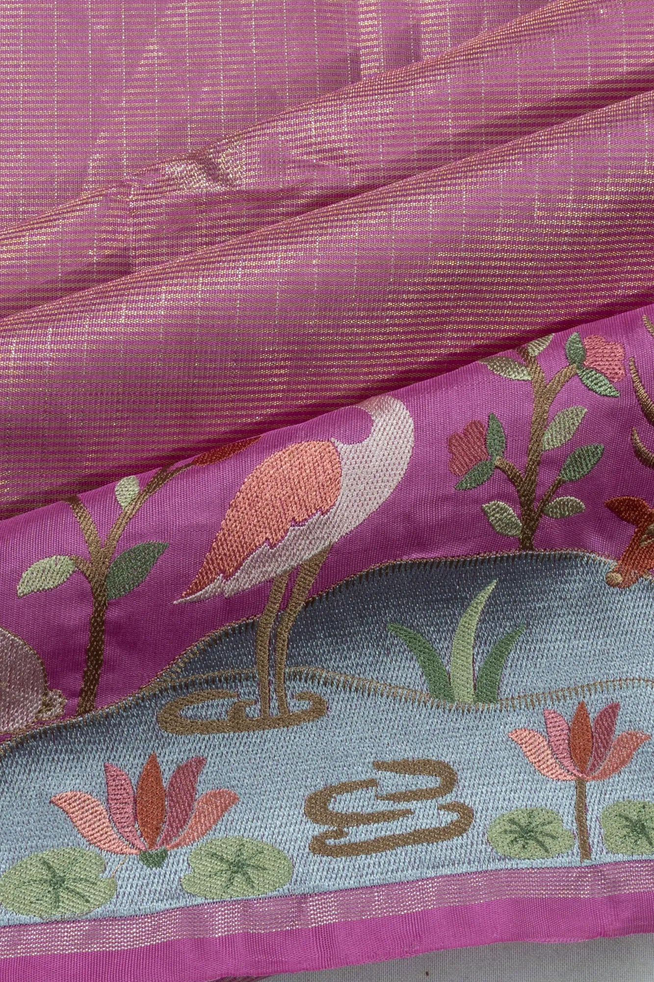 Kanchipuram Silk Horizontal Lines Pink Saree With Embroidery Border