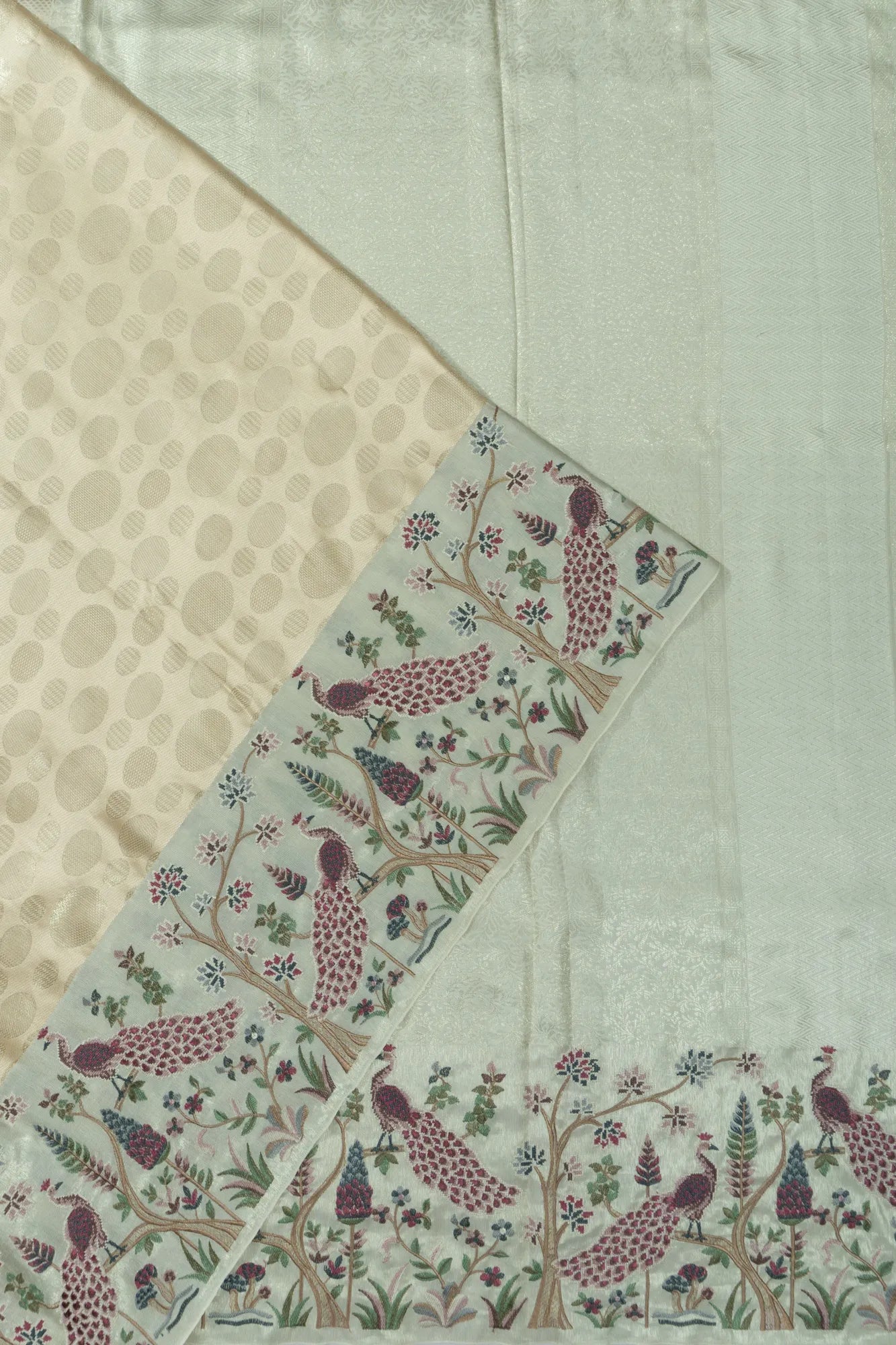 Kanchipuram Silk Polka Dot Butta Cream Saree With Embroidery Border