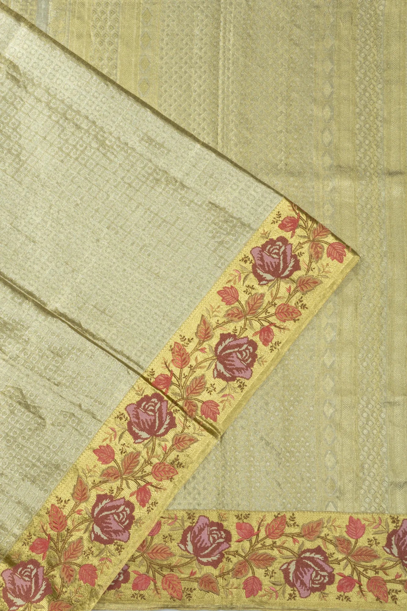 Kanchipuram Silk Tissue Checks And Butta Gold Saree With Embroidery Border